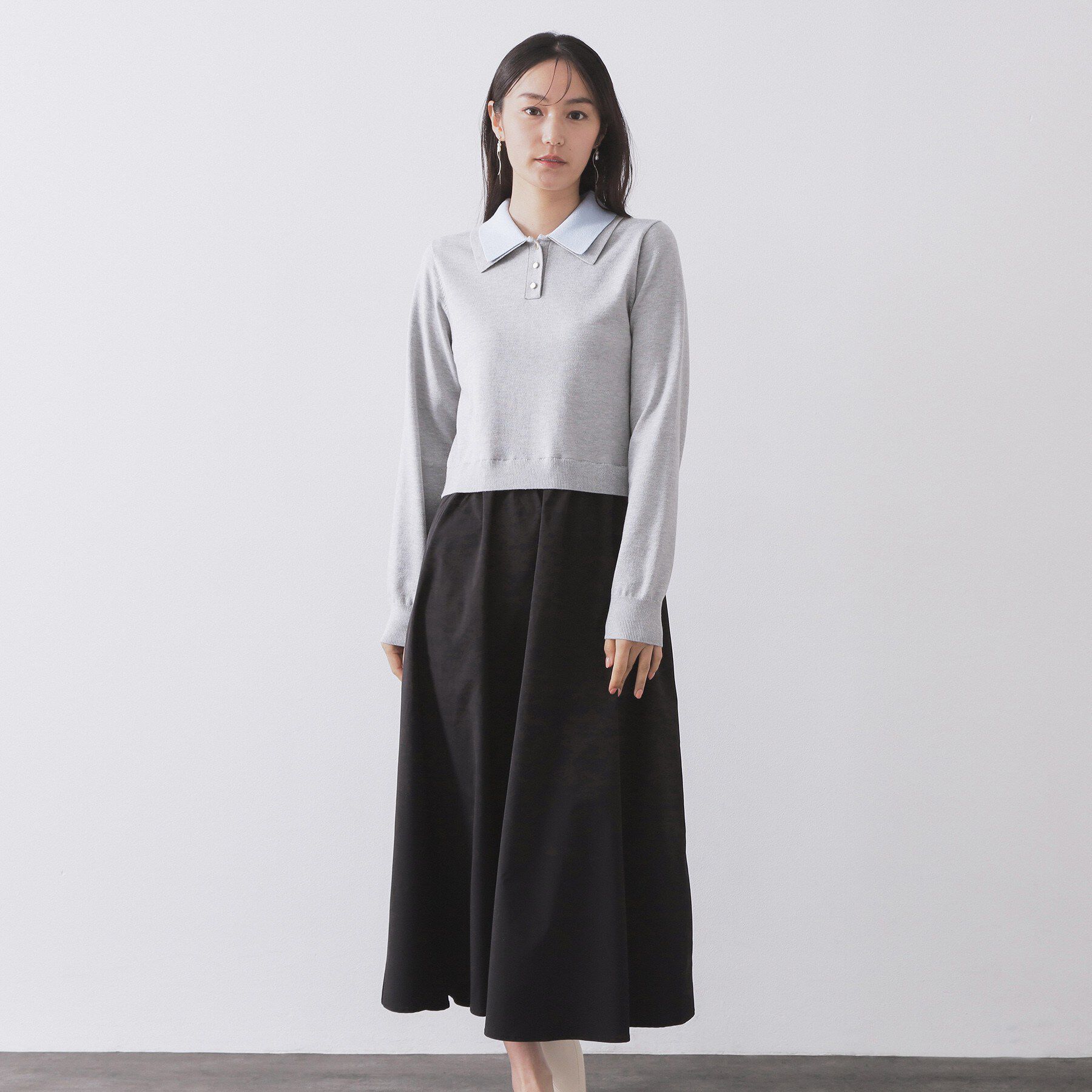 OPAQUE.CLIP「ダブルポロ衿ニットドッキングワンピース【洗濯機OK】」|ワンピース|