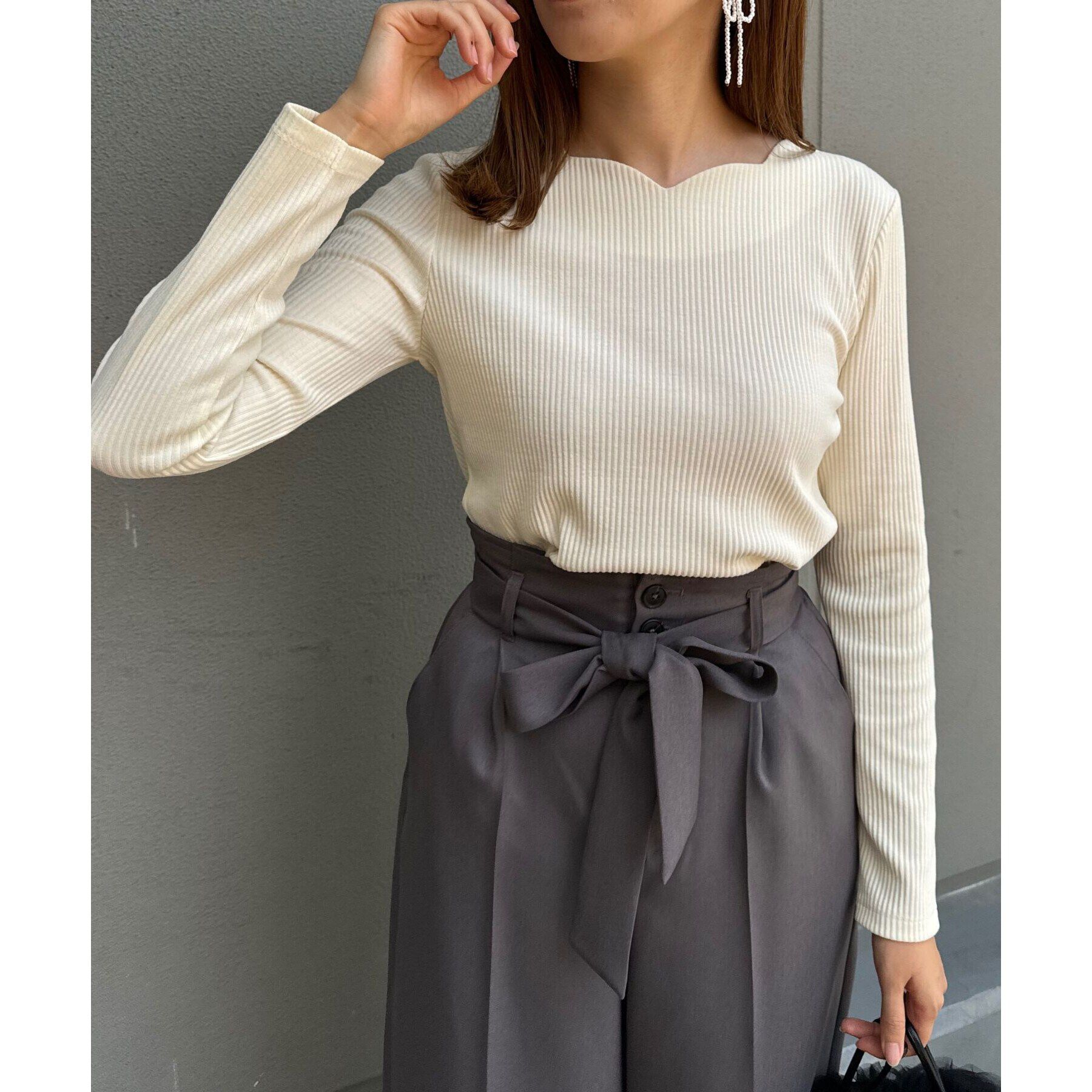 Couture broach「【顔まわりスッキリ・マシンウォッシャブル】ハートネックテレコトップス」|Tシャツ・カットソー|