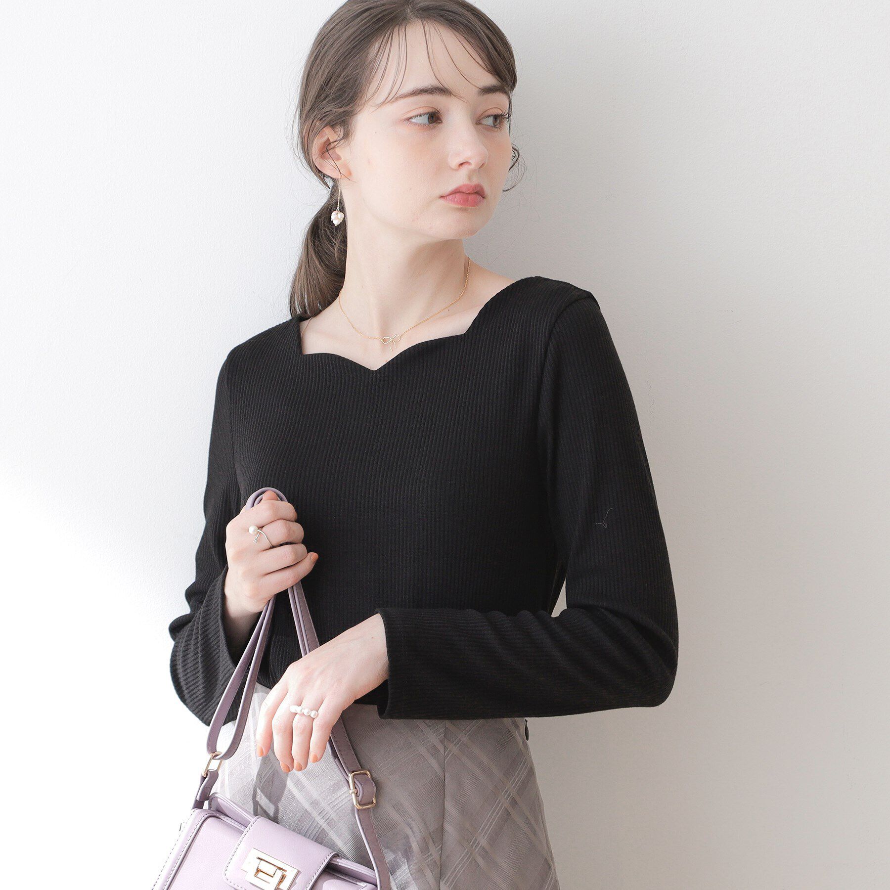 Couture broach「【顔まわりスッキリ・マシンウォッシャブル】ハートネックテレコトップス」|Tシャツ・カットソー|