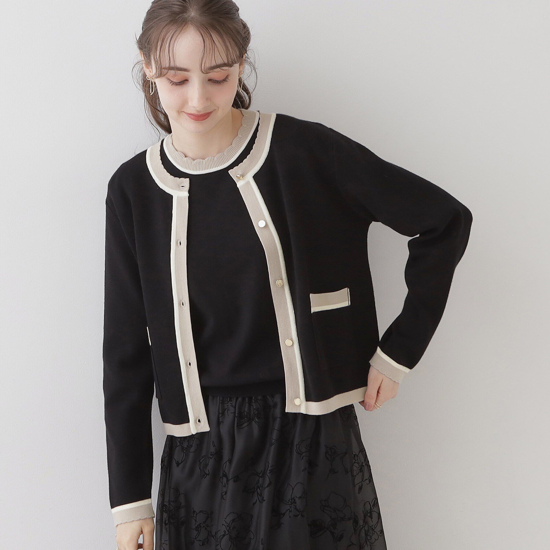 Couture broach「【高級感のあるベーシックカーデ】配色スカラニットジャケット」|カーディガン|