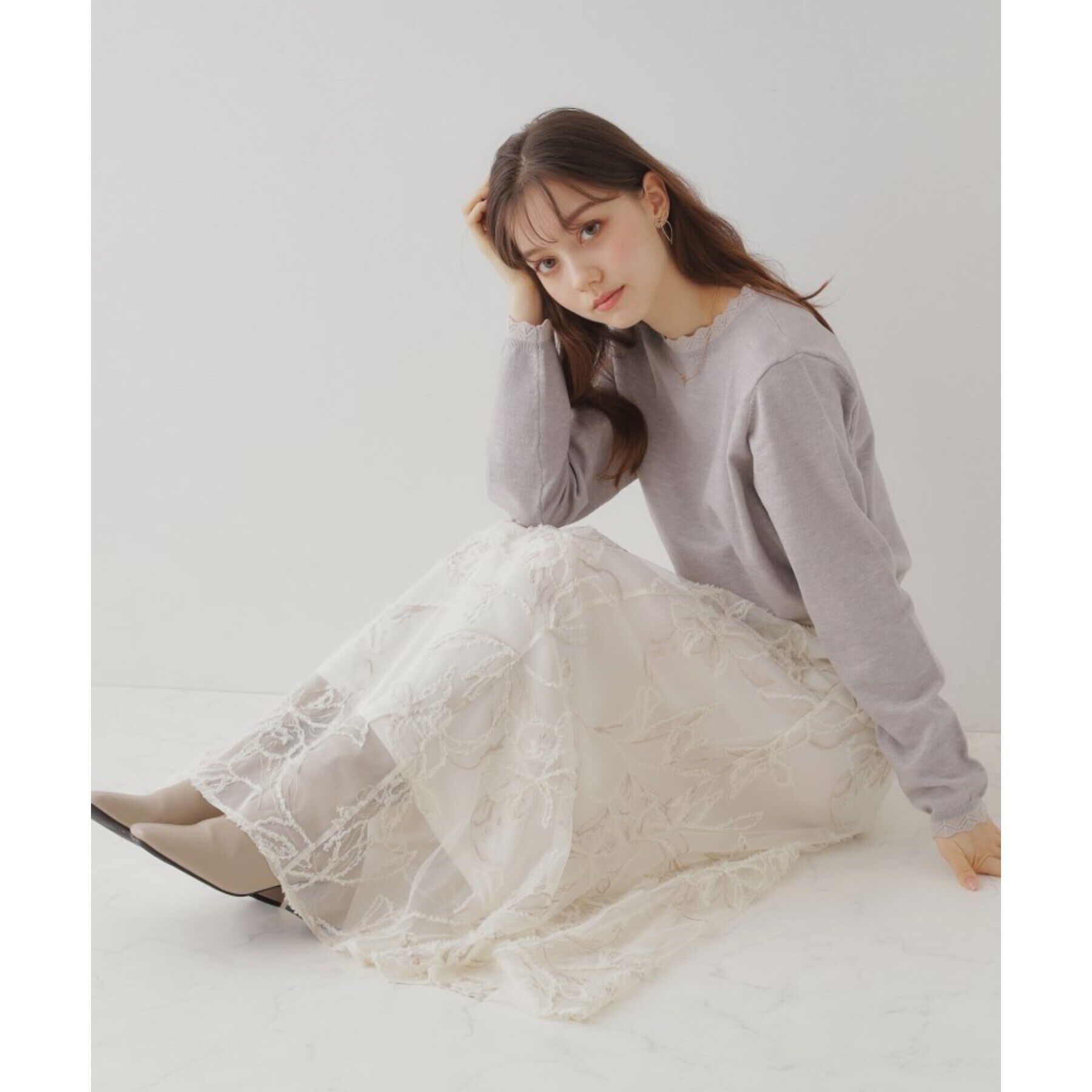 Couture broach「【ふわっと揺れる華やぎスカート】ブークレチュールスカート」|スカート|アイボリー(104)