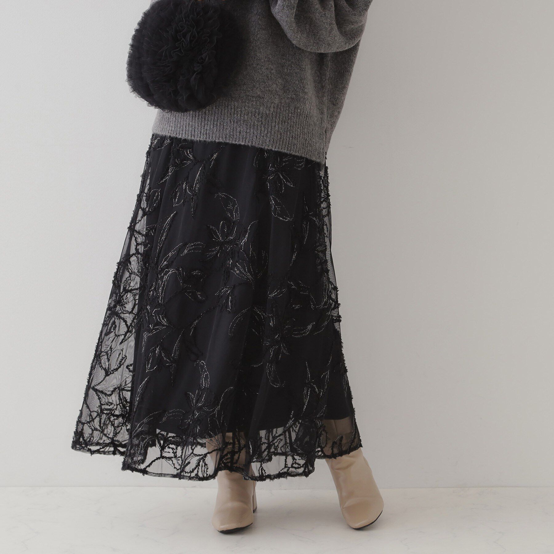 Couture broach「【ふわっと揺れる華やぎスカート】ブークレチュールスカート」|スカート|ブラック(119)