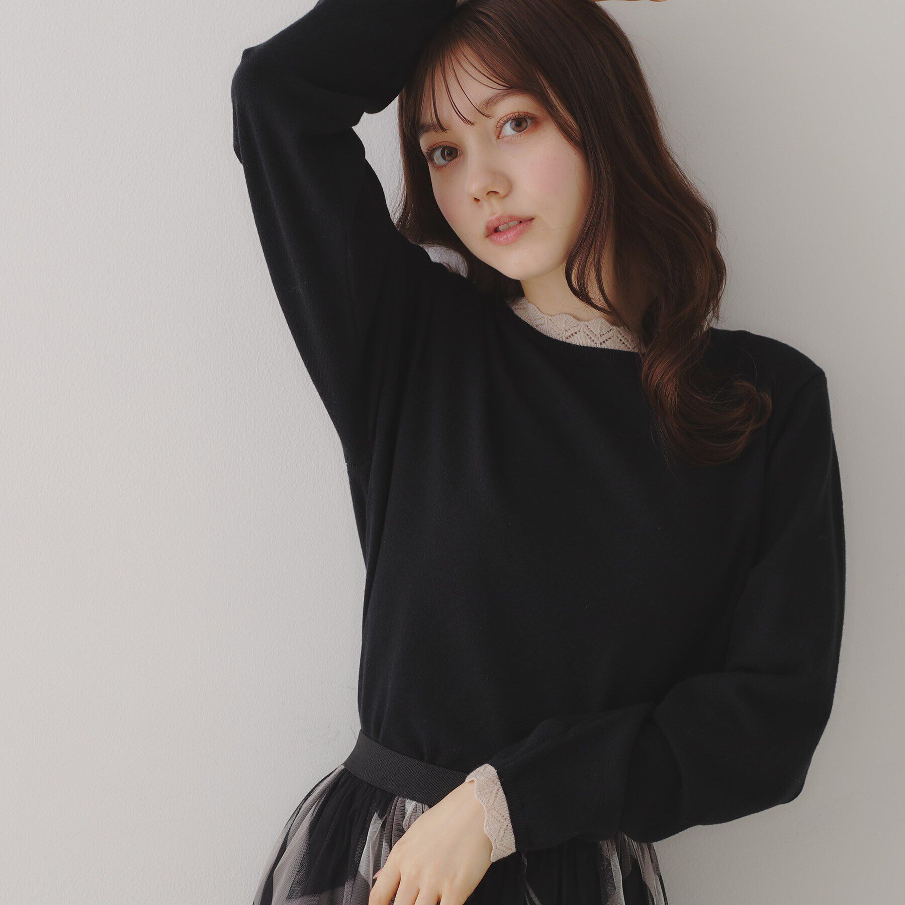 Couture broach「【プチプラ・上品&times;シンプルなニット】サステナブル 配色透かしスカラニット」|ニット・セーター|ﾌﾞﾗｯｸ(019)