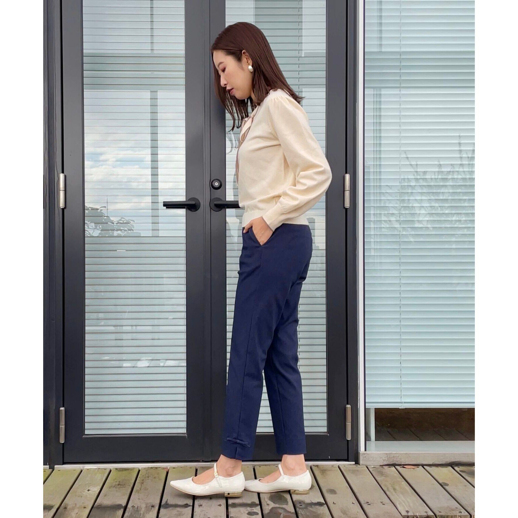 Couture broach「【レディライクな華奢見せニット】配色ラインリボンタイニット」|ニット・セーター|