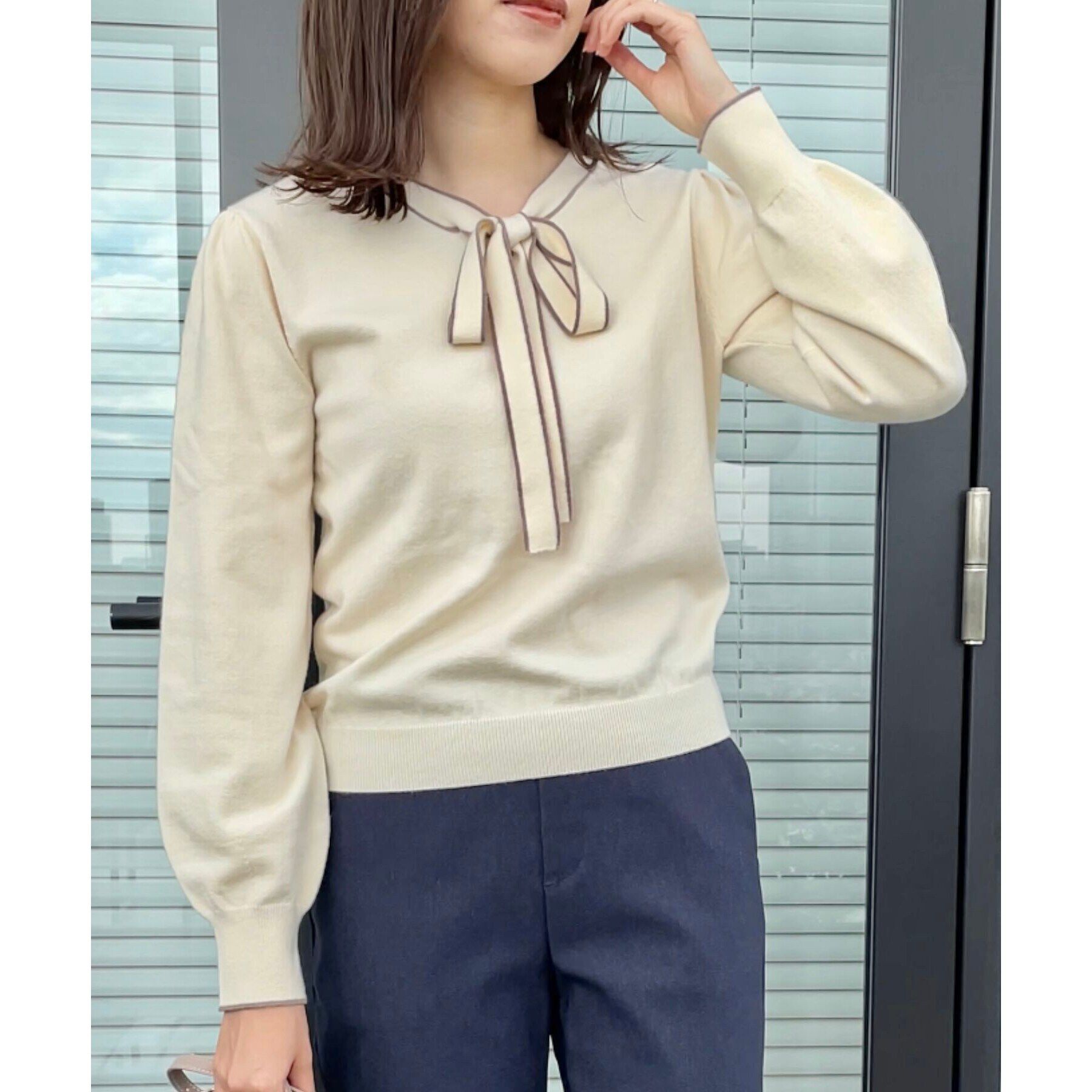 Couture broach「【レディライクな華奢見せニット】配色ラインリボンタイニット」|ニット・セーター|