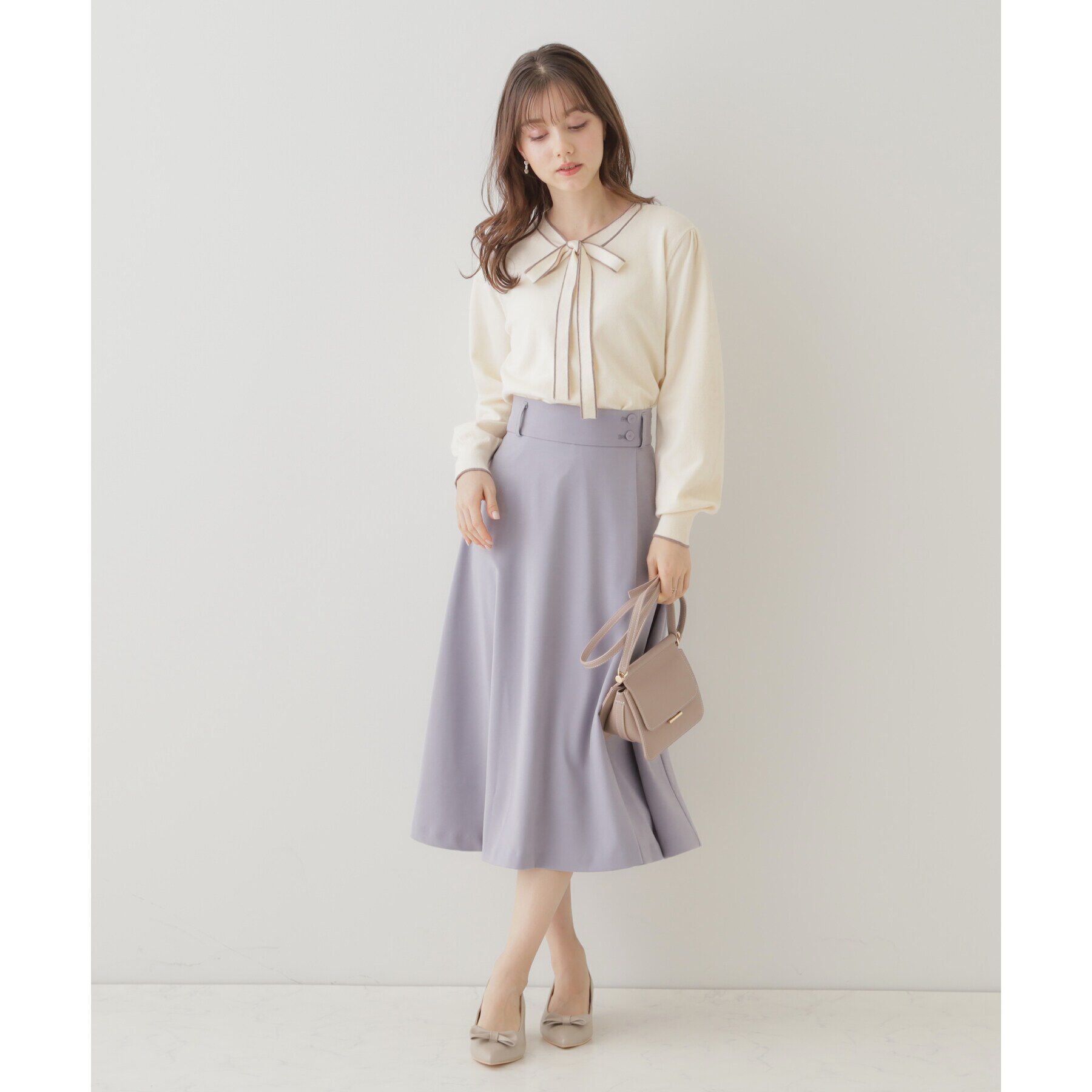 Couture broach「【レディライクな華奢見せニット】配色ラインリボンタイニット」|ニット・セーター|