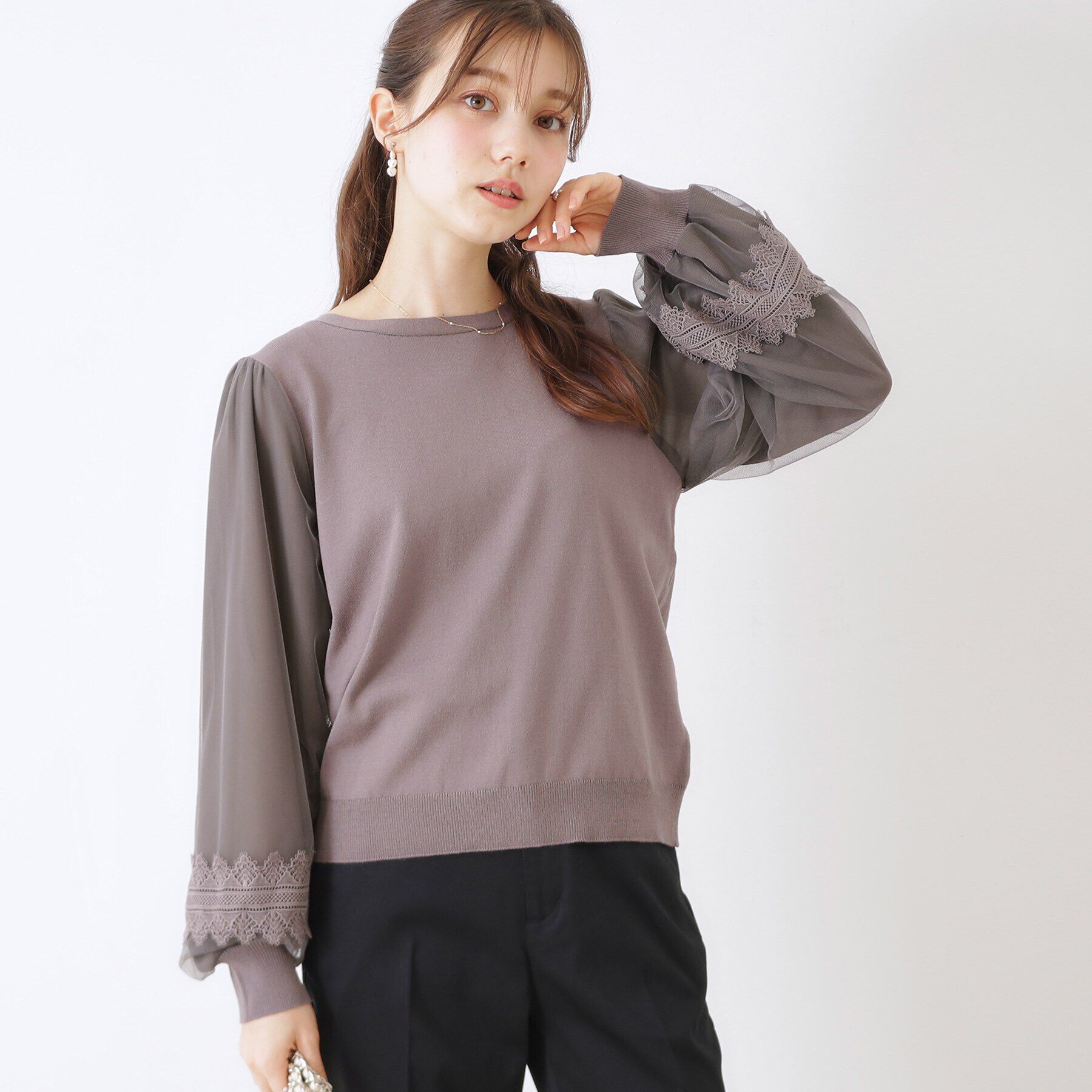 Couture broach「【大人フェミニン・ぽわん袖】レース・チュールドッキングニット」|ニット・セーター|