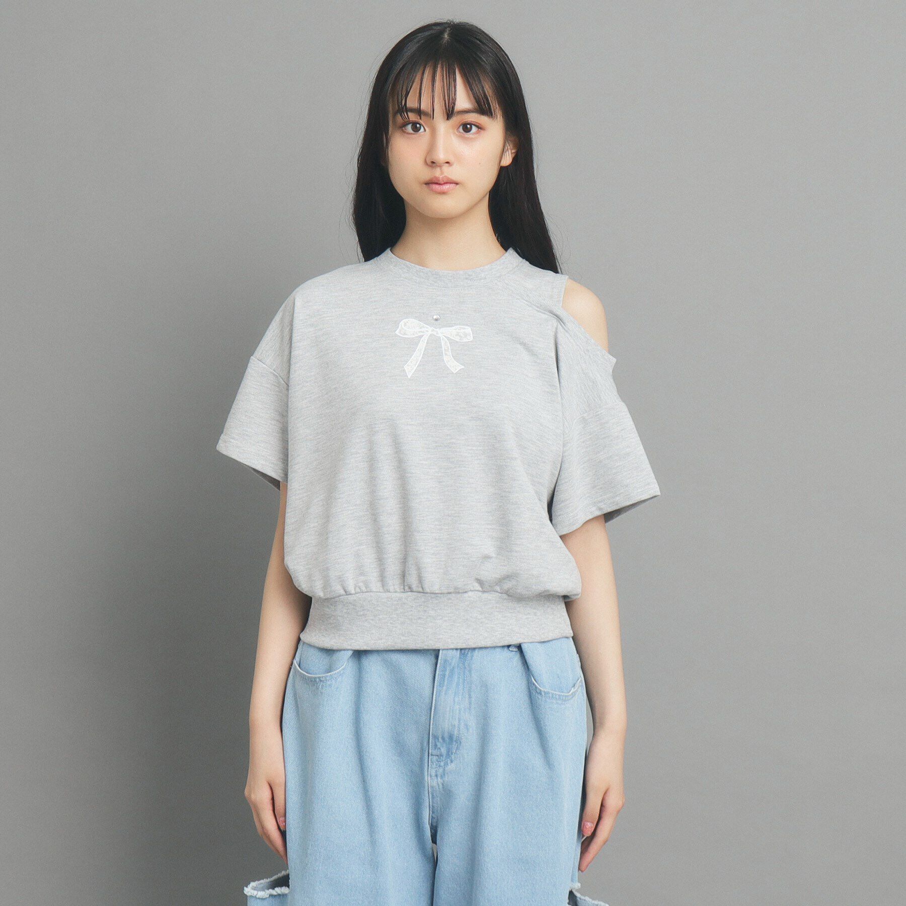 PINK-latte「リボンモチーフ裏毛オフショルダー」|Tシャツ・カットソー|