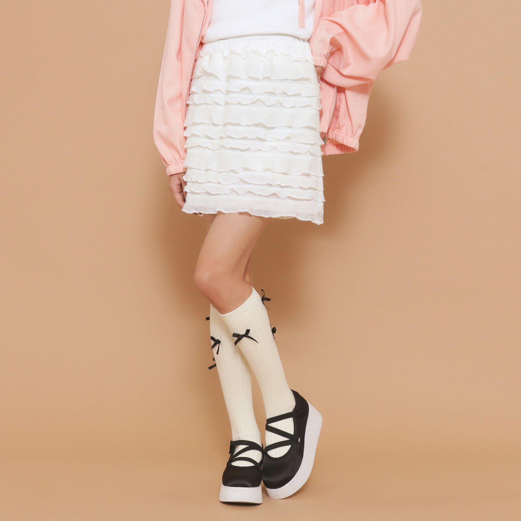 PINK-latte「【130cmあり／インナー付き】ティアードフリルミニスカート」|スカート|アイボリー(004)