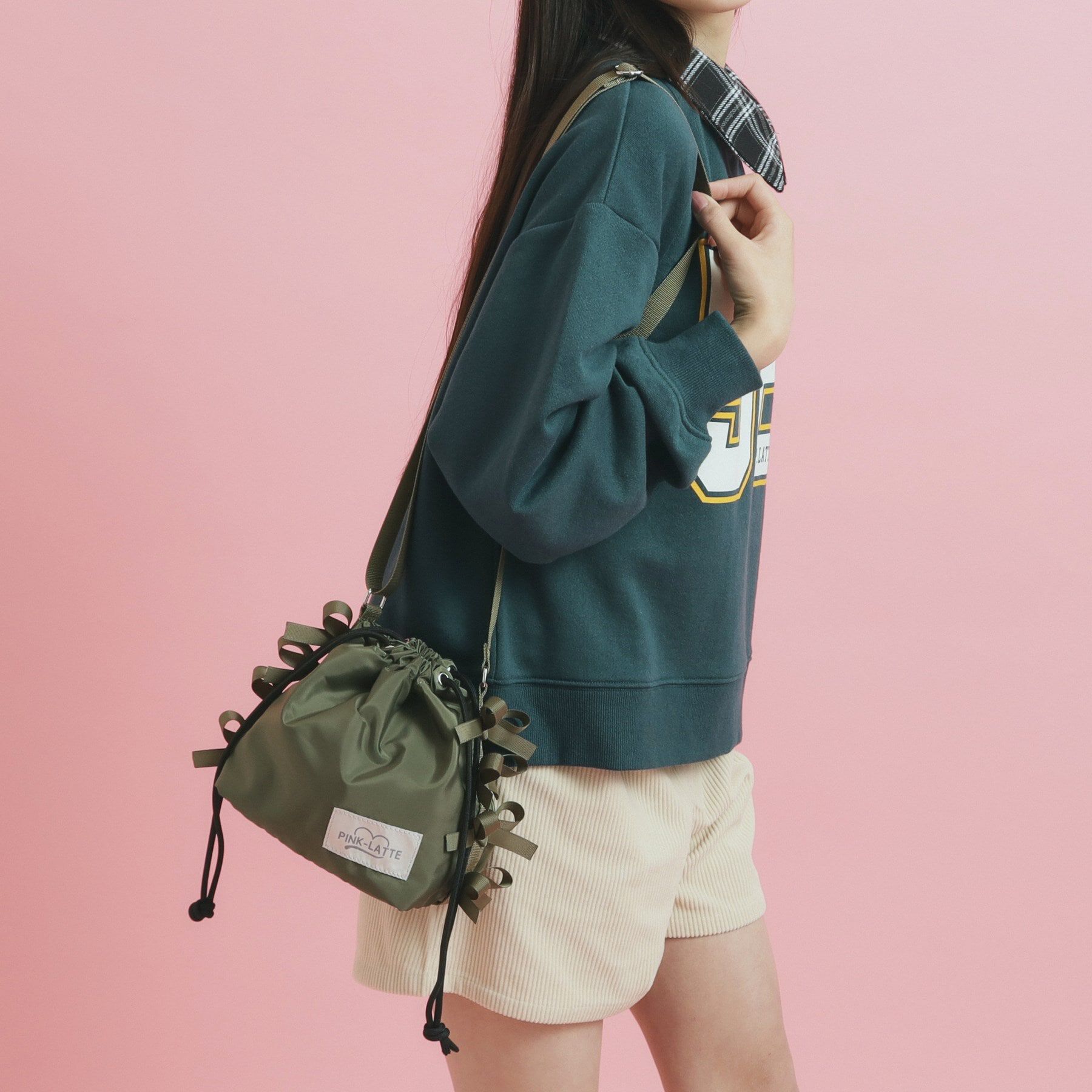 PINK-latte「カジュアルリボン巾着ショルダー」|ショルダー・メッセンジャー|カーキ(027)