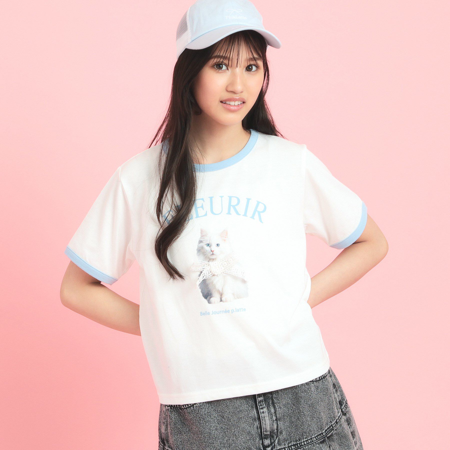 PINK-latte「フォトネコリンガーTシャツ」|Tシャツ・カットソー|ブルー(091)