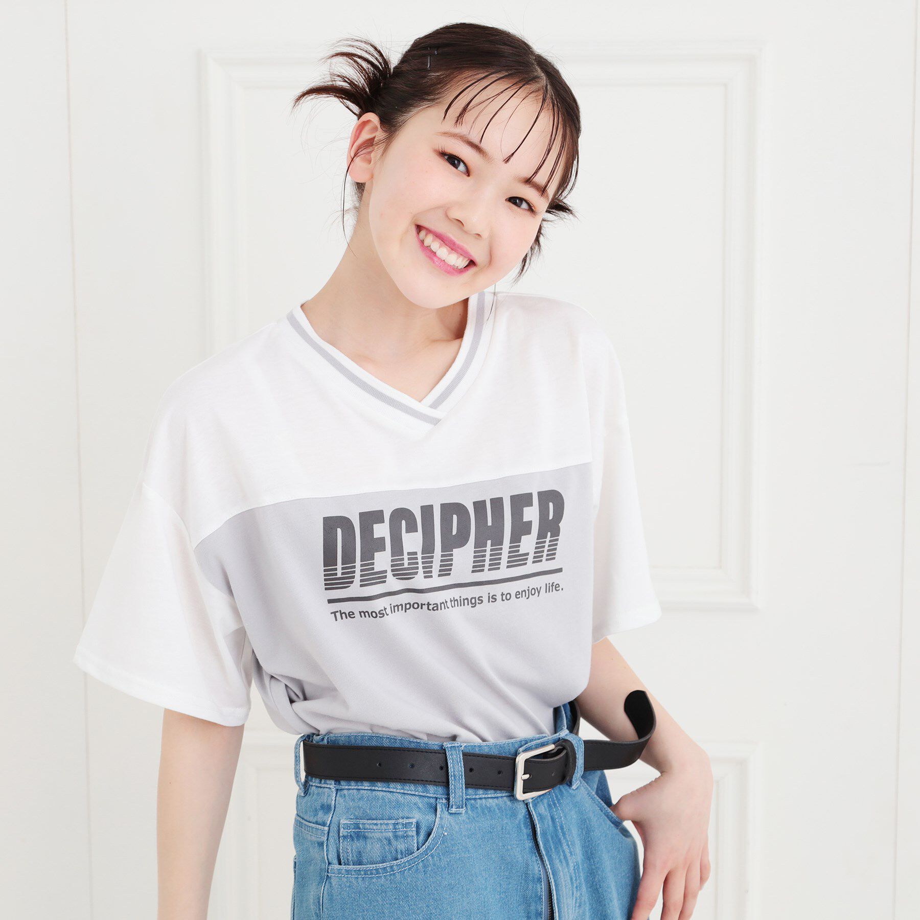 PINK-latte「Vネック切替Tシャツ」|Tシャツ・カットソー|ライトグレー(011