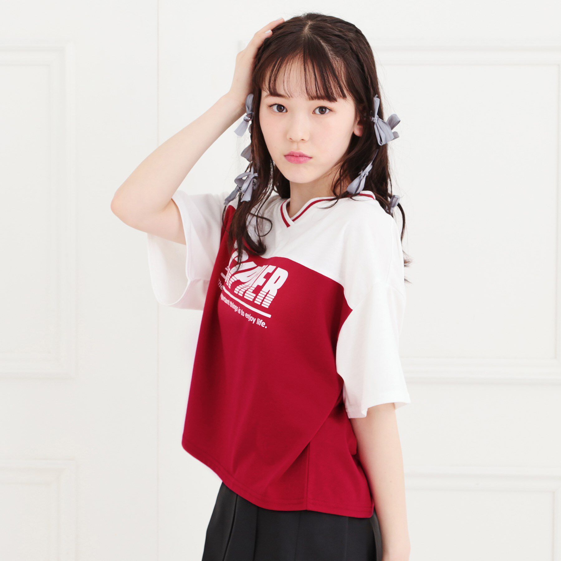 PINK-latte「Vネック切替Tシャツ」|Tシャツ・カットソー|