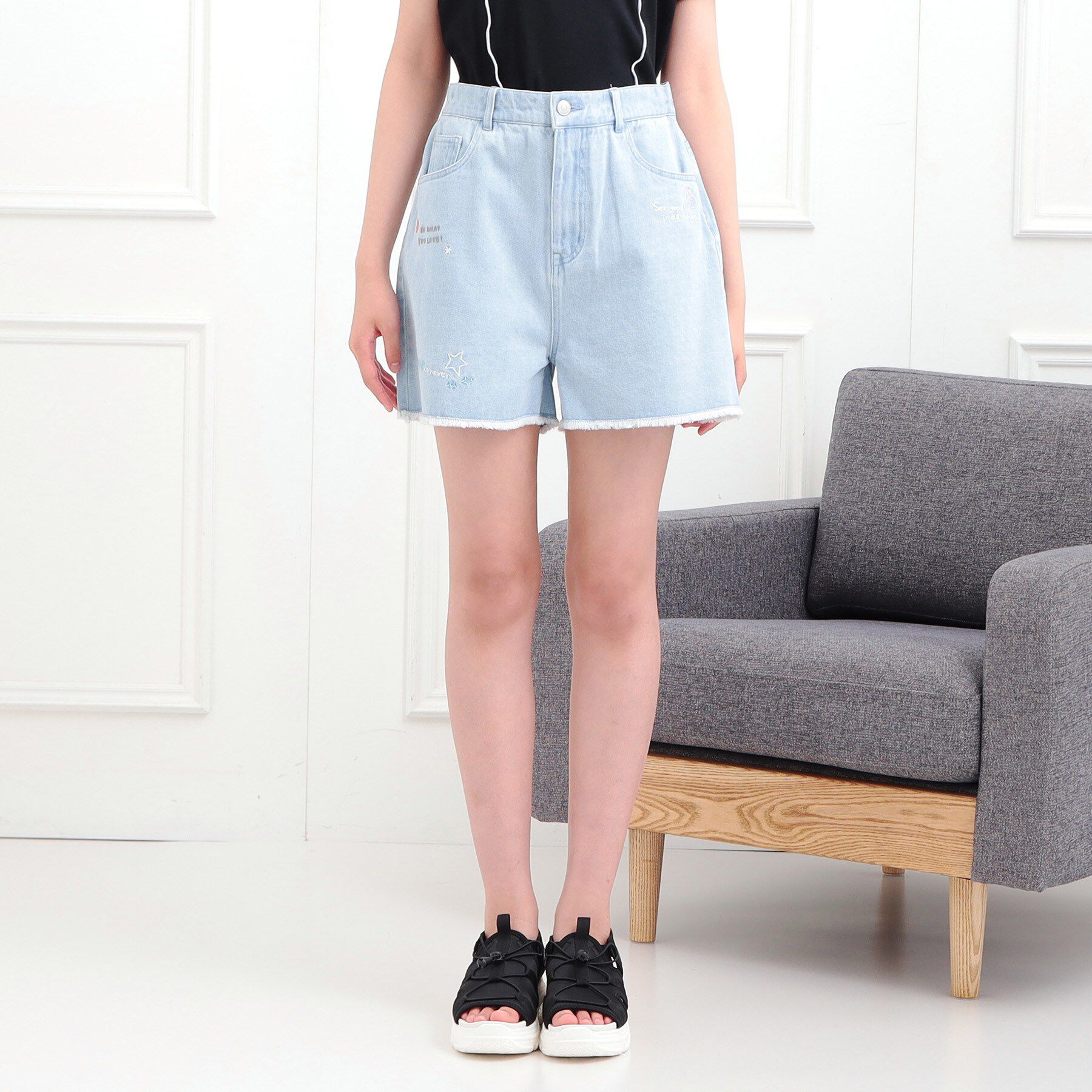 PINK-latte「らくがき刺繍フリンジショートパンツ」|キュロット|