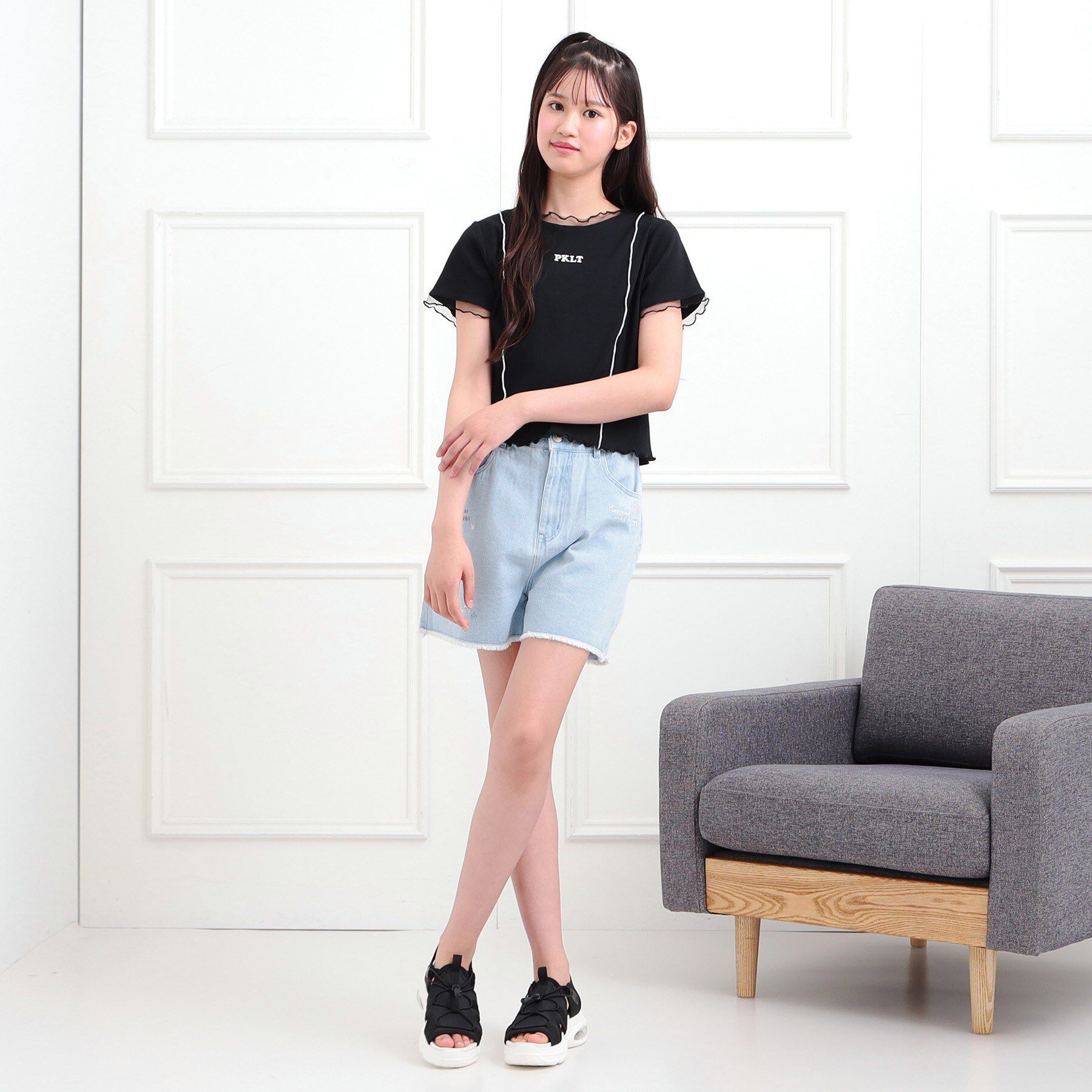 PINK-latte「らくがき刺繍フリンジショートパンツ」|キュロット|