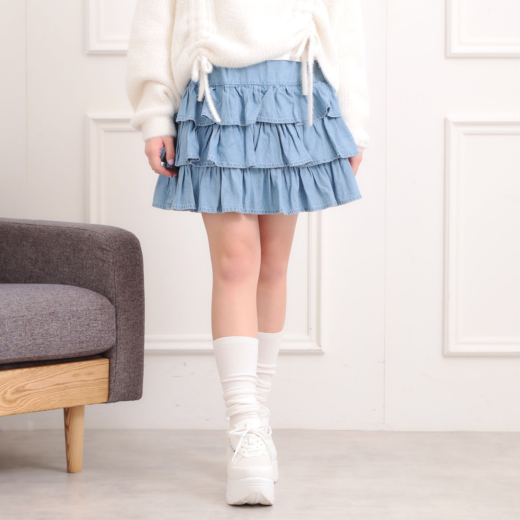 PINK-latte「デニムティアードスカート」|スカート|ブルー(492)