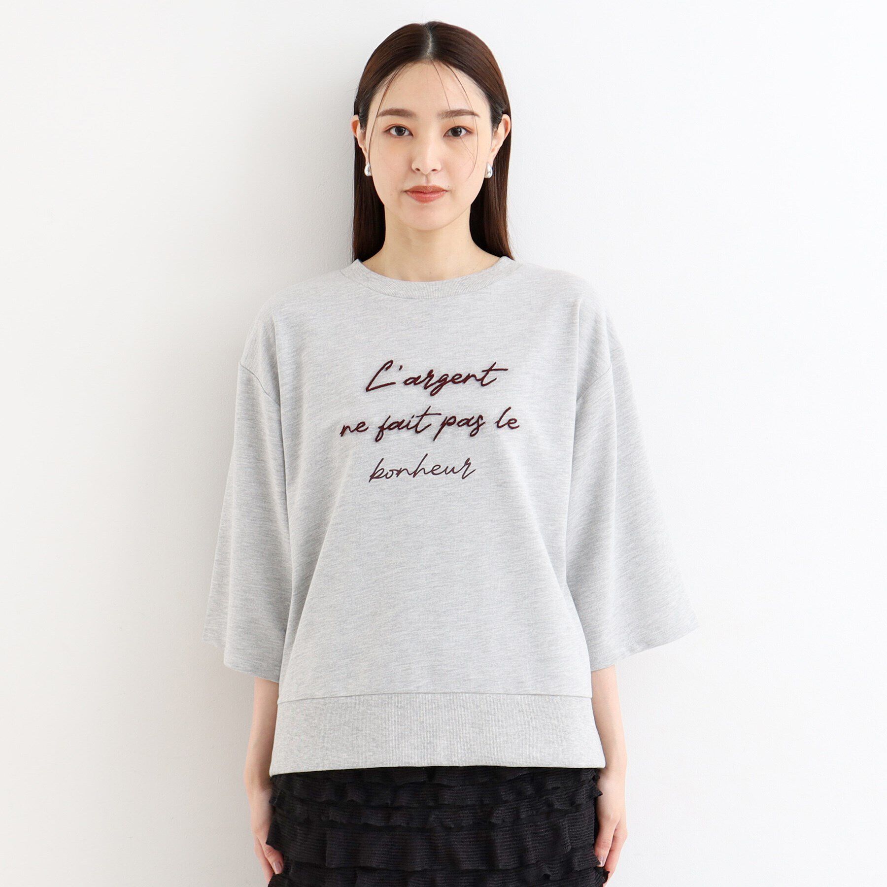 THE SHOP TK「【リラクシー/チュニック丈】6分袖裏毛刺繍プルオーバー/洗える」|Tシャツ・カットソー|