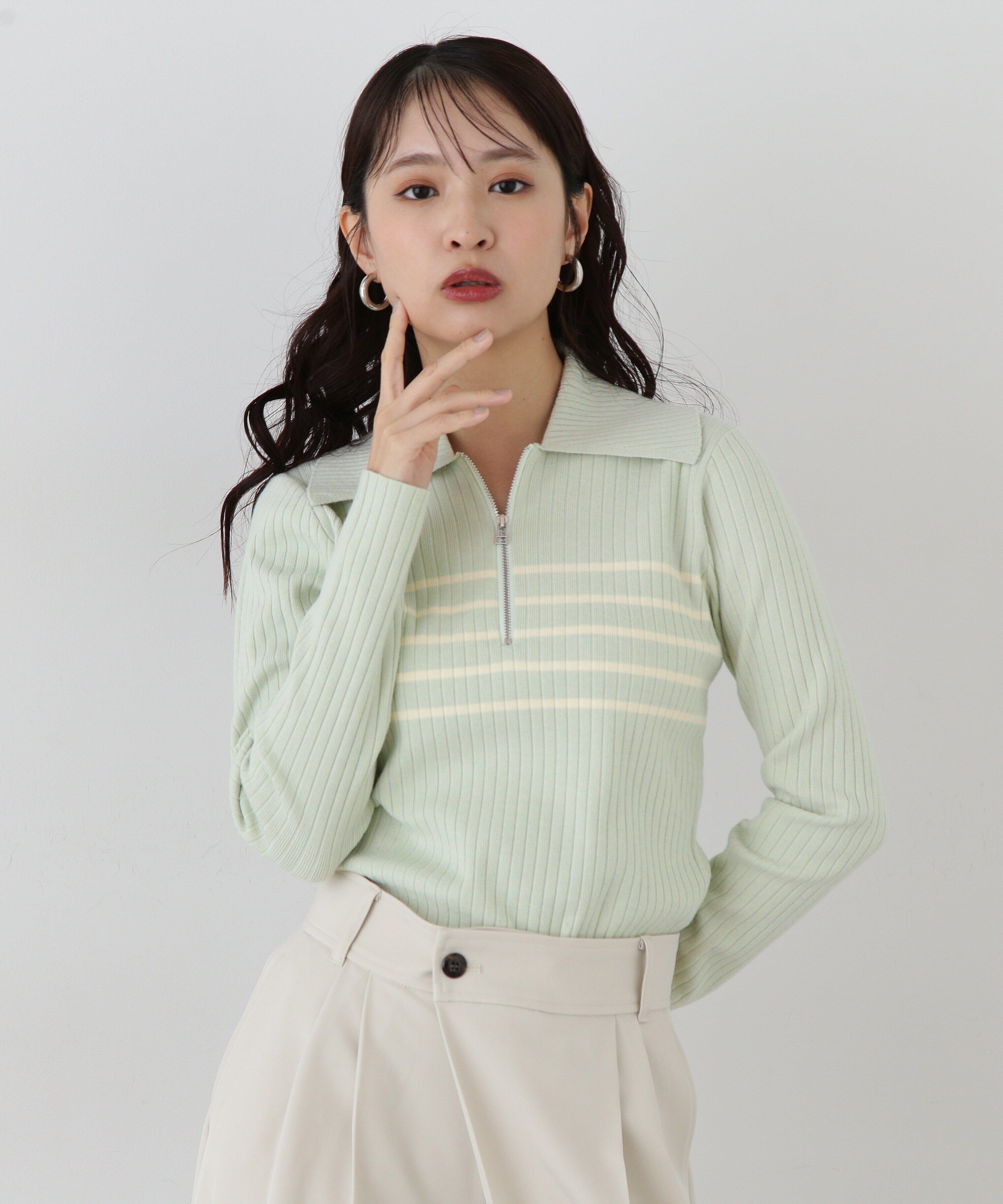  「ハーフジップニット」|ニット・セーター|ライトグリー 2