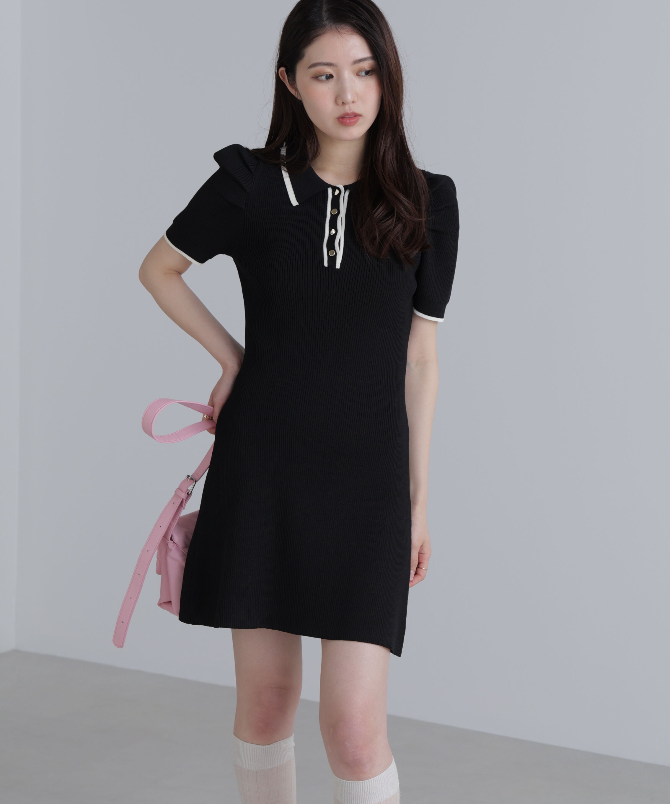  「配色ラインポロニットワンピース」|ワンピース|ブラック