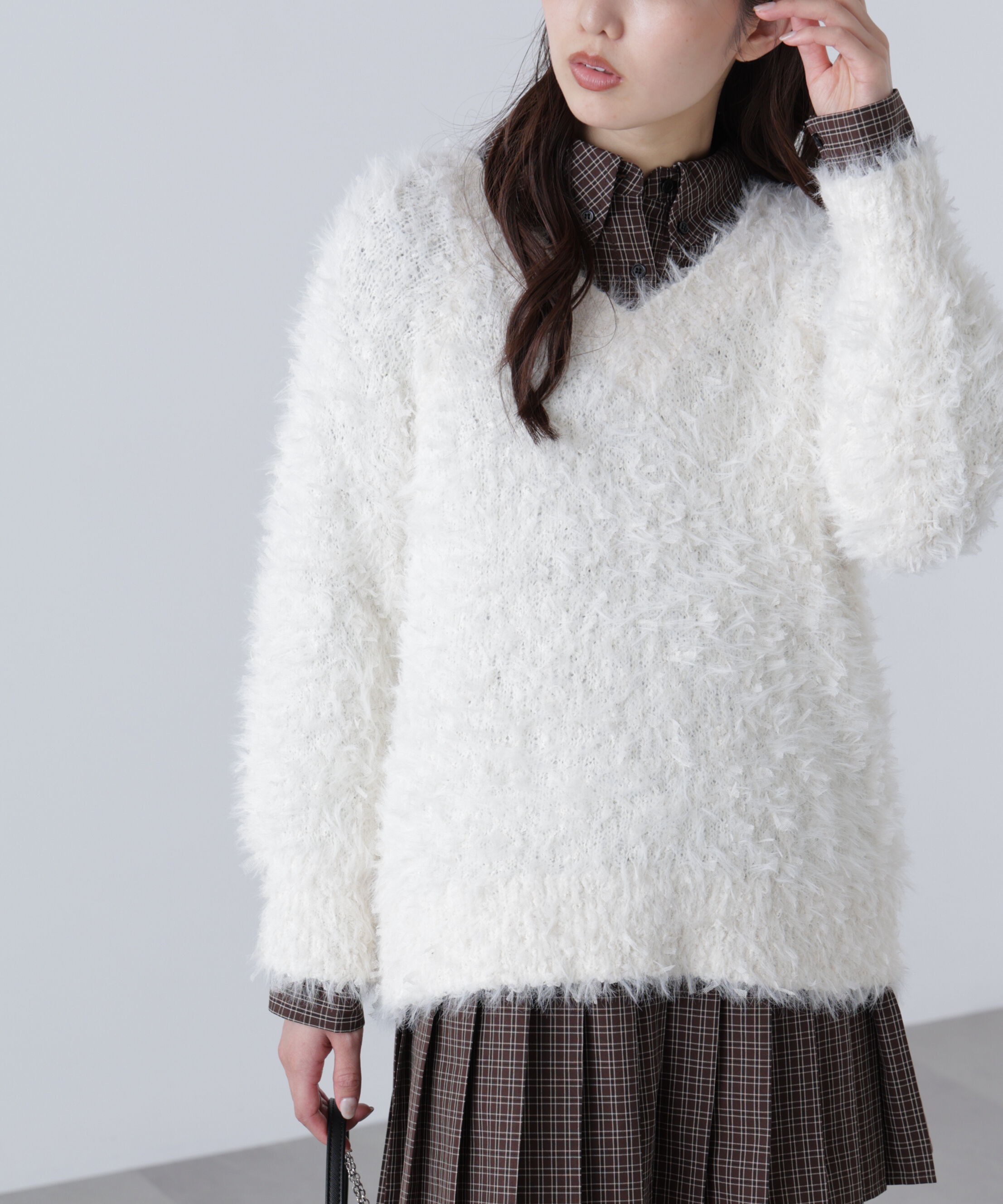  「前後2wayチュールフェザーミックスミドル丈ニット」|ニット・セーター|オフ