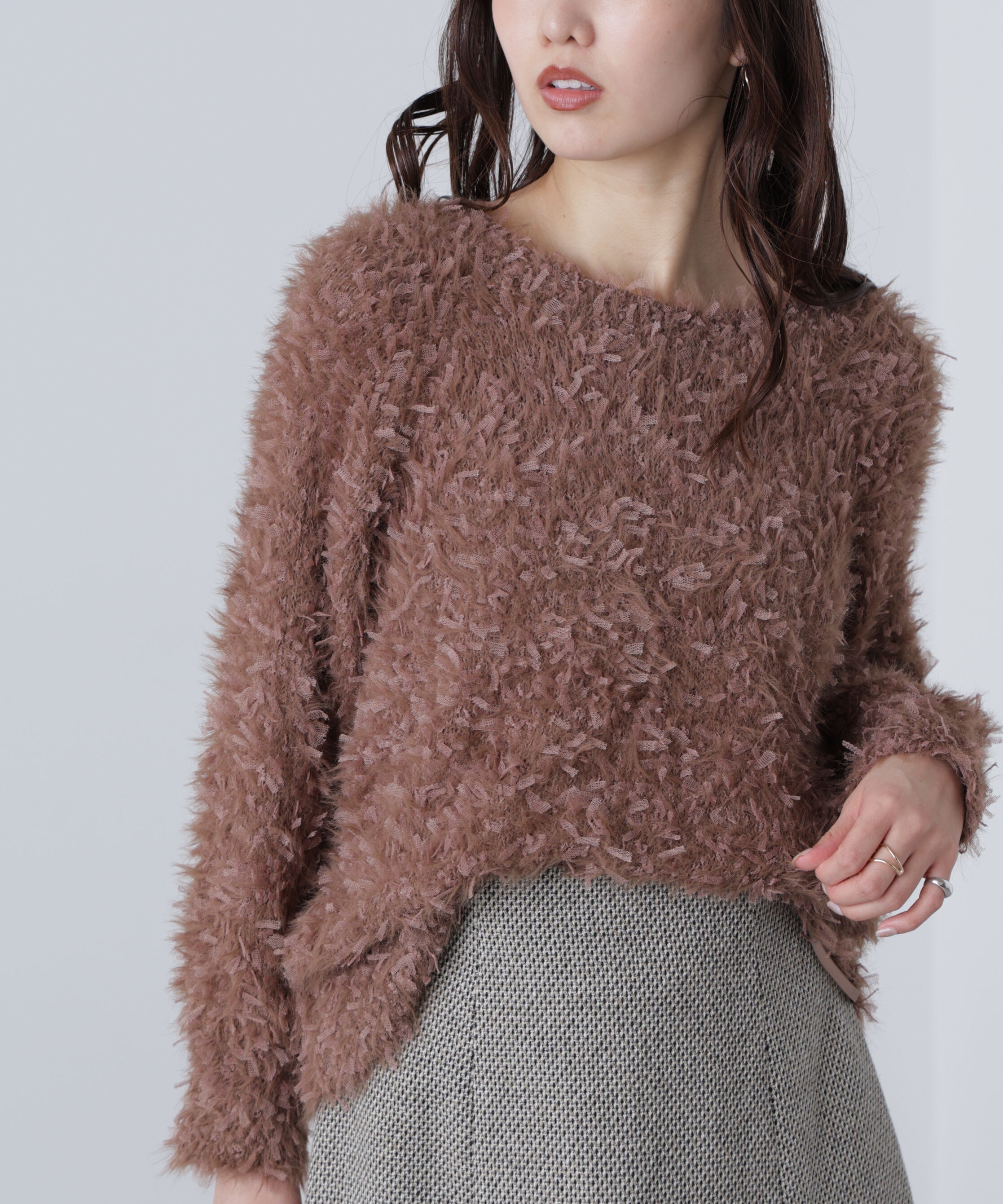  「前後2wayチュールフェザーミックスミドル丈ニット」|ニット・セーター|