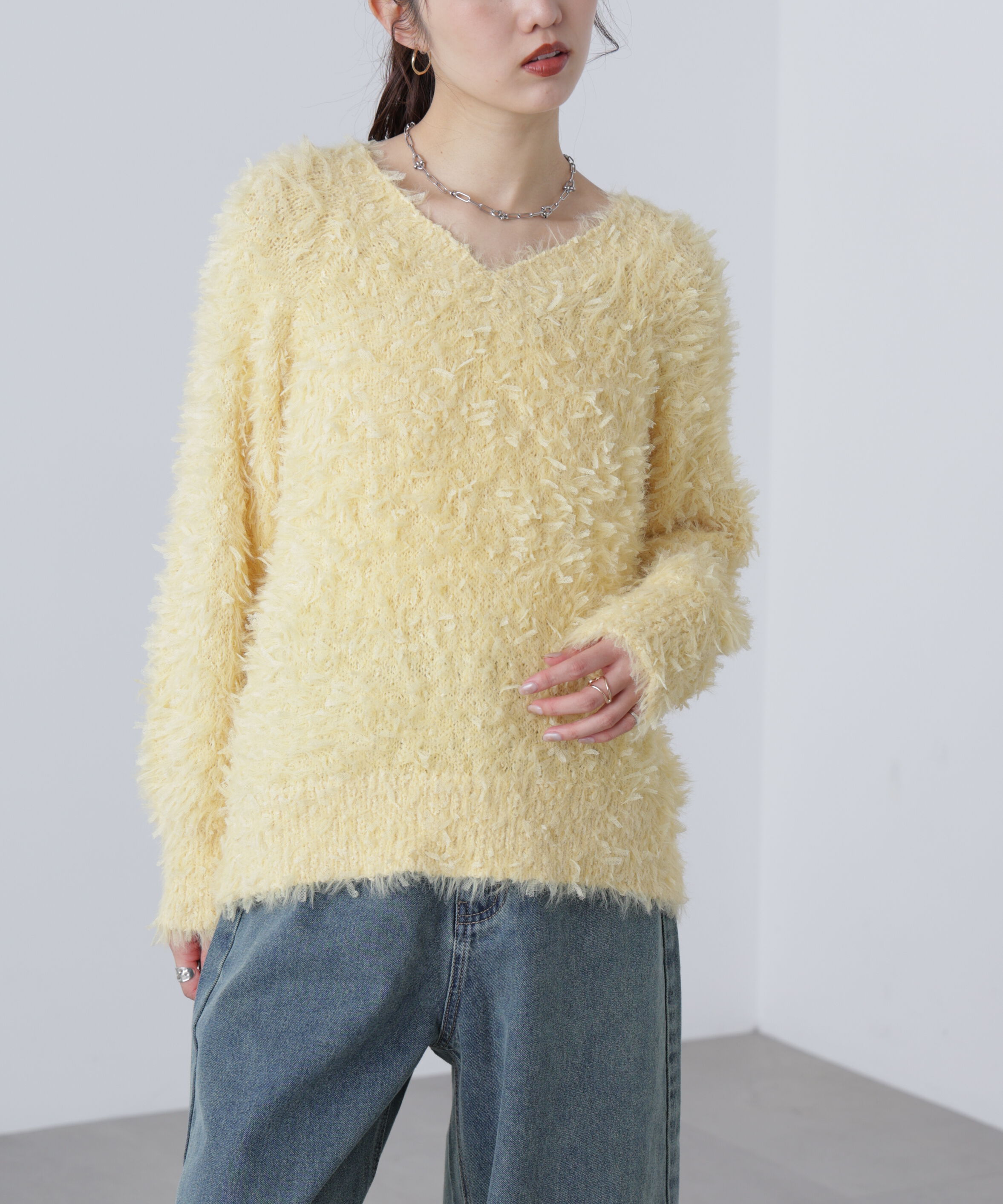  「前後2wayチュールフェザーミックスミドル丈ニット」|ニット・セーター|