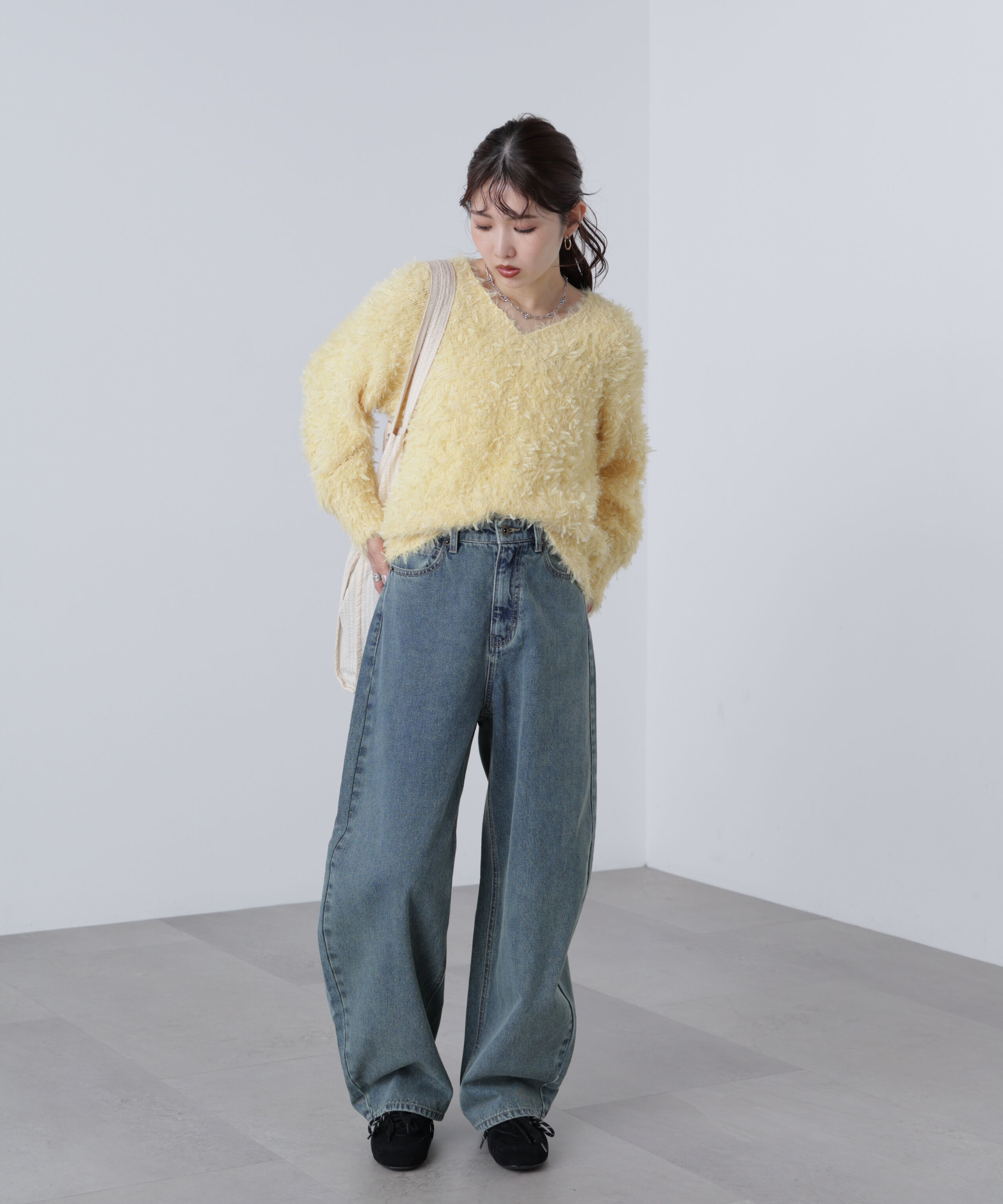  「前後2wayチュールフェザーミックスミドル丈ニット」|ニット・セーター|