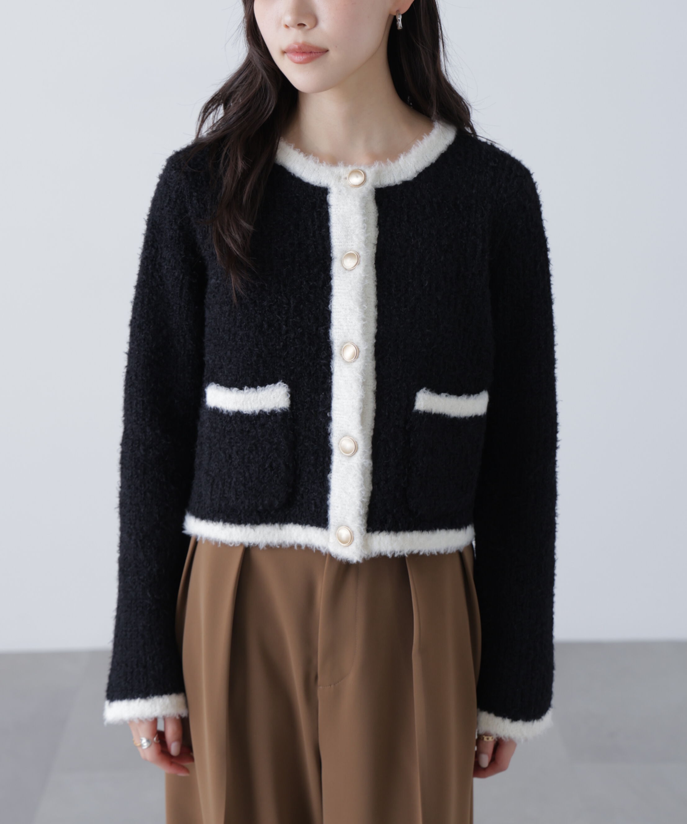  「金ボタンバイカラーニットカーディガン」|ニット・セーター|