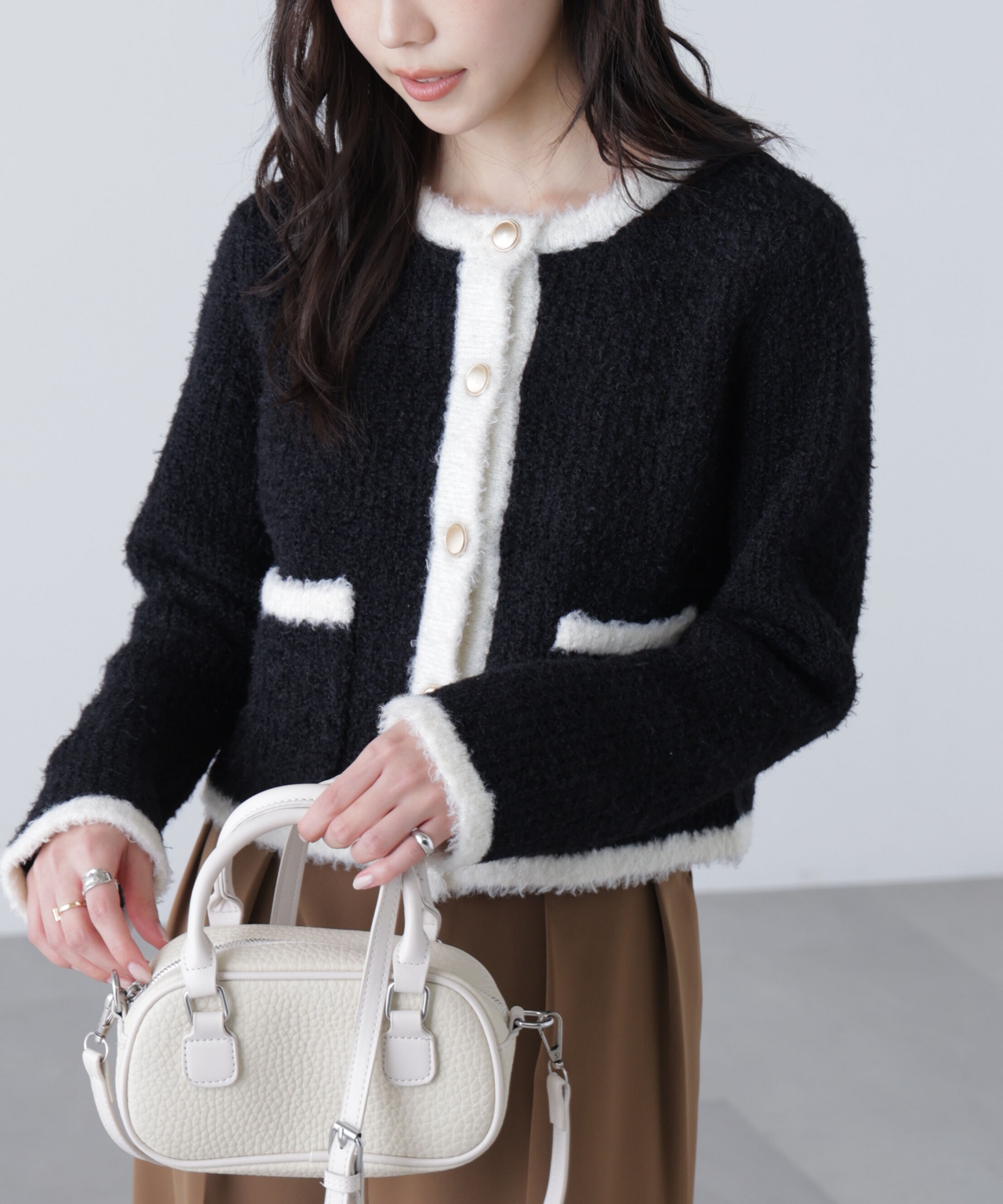  「金ボタンバイカラーニットカーディガン」|ニット・セーター|