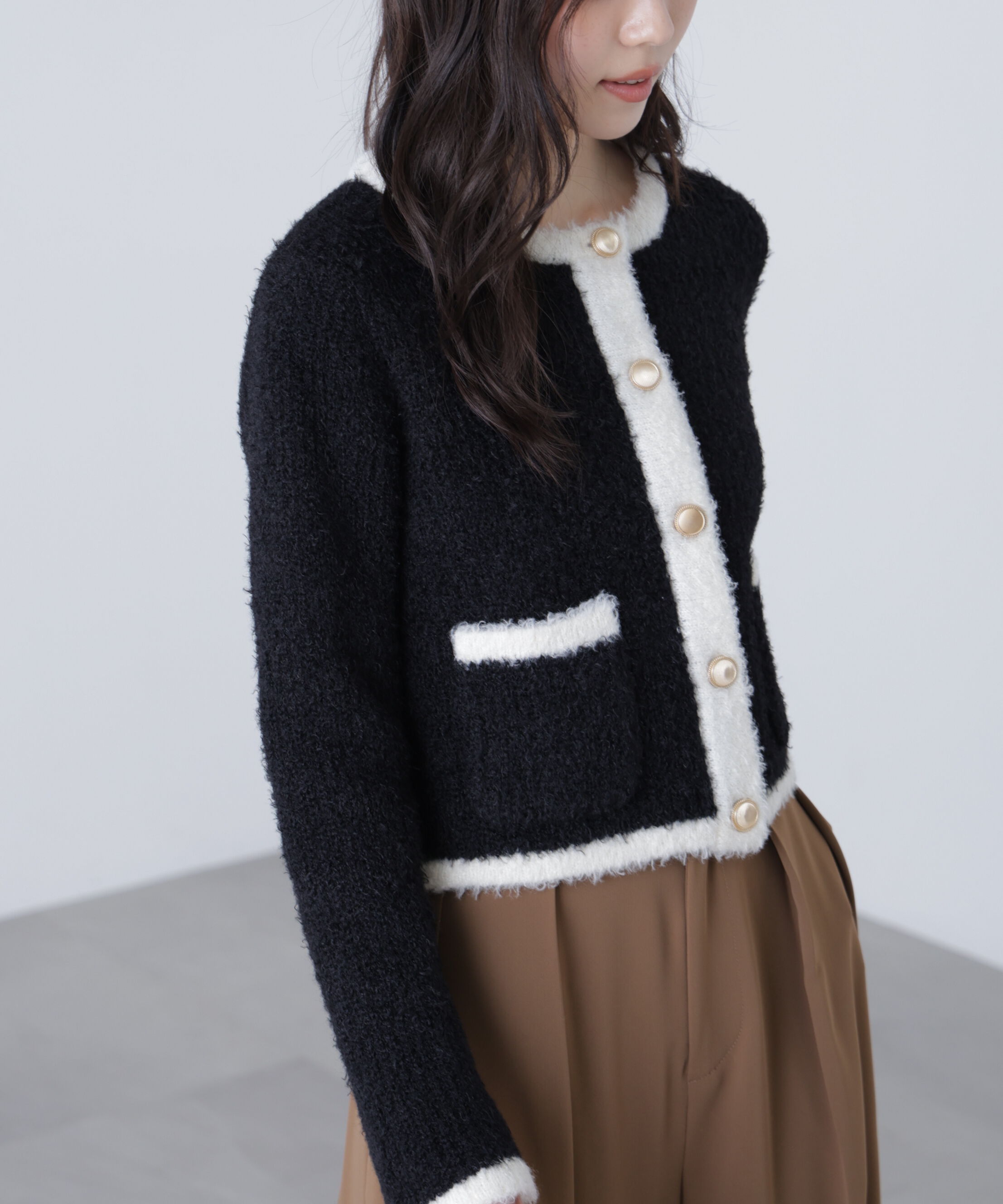  「金ボタンバイカラーニットカーディガン」|ニット・セーター|