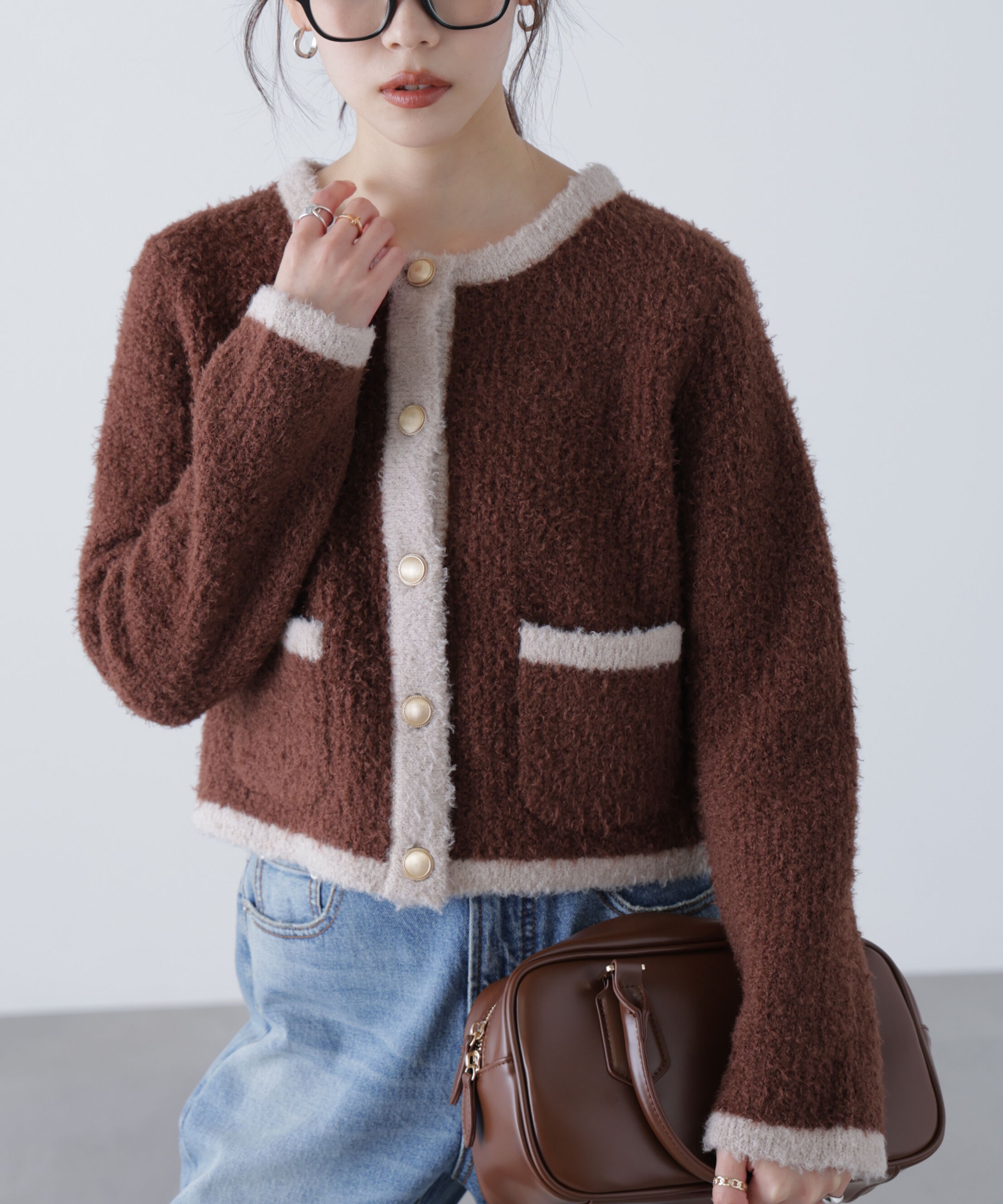  「金ボタンバイカラーニットカーディガン」|ニット・セーター|