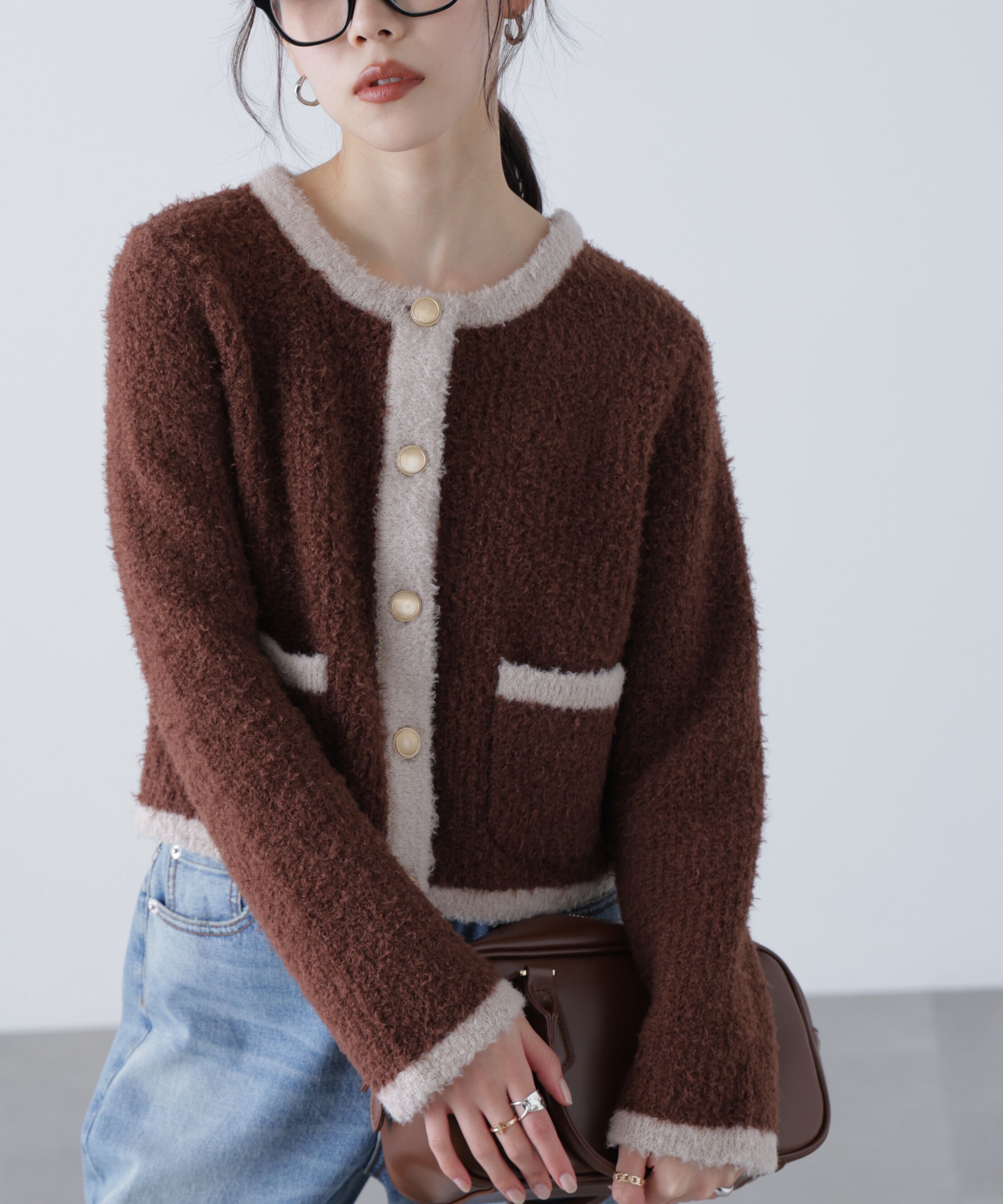  「金ボタンバイカラーニットカーディガン」|ニット・セーター|