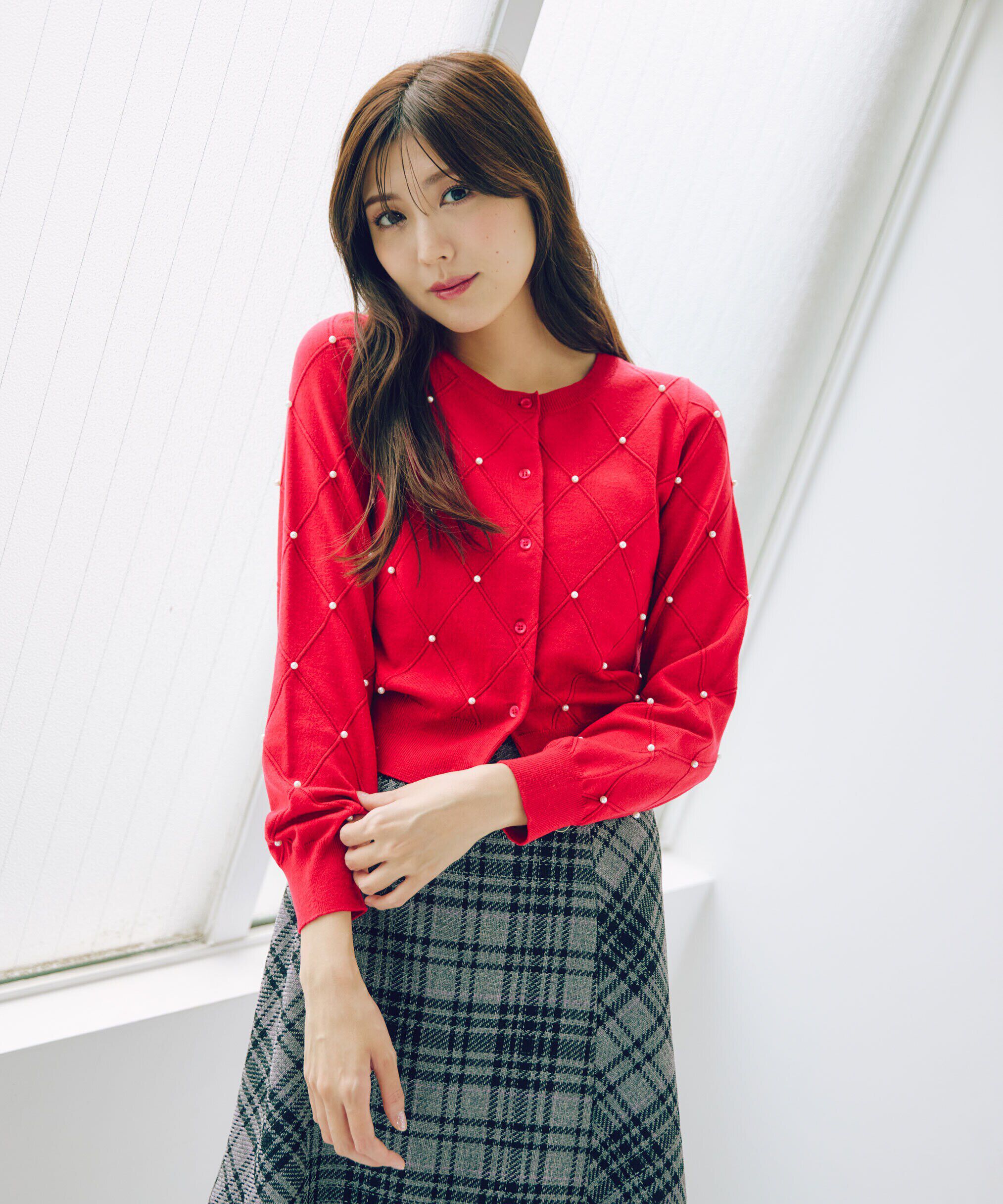  「ダイヤ柄ニットカーディガン」|ニット・セーター|パールレッド