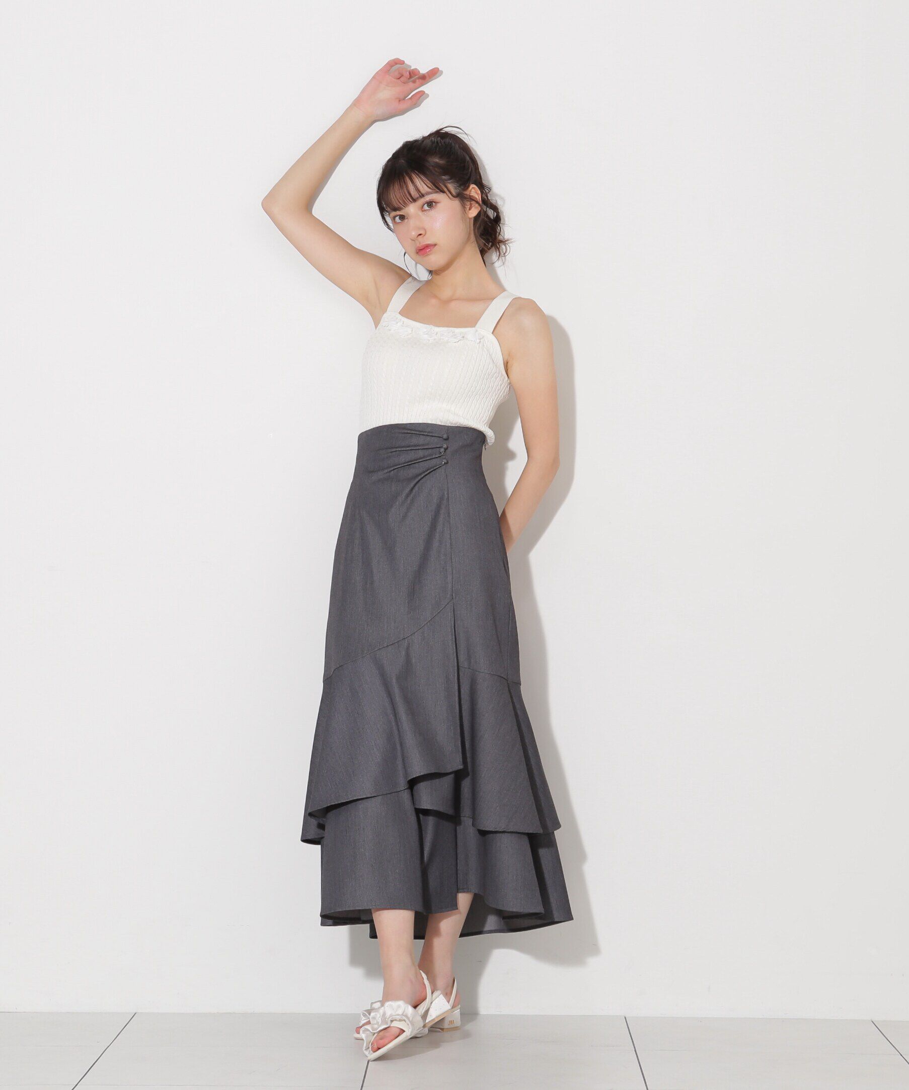  「フラワーモチーフ透かしミニケーブルタンクトップ」|ニット・セーター|