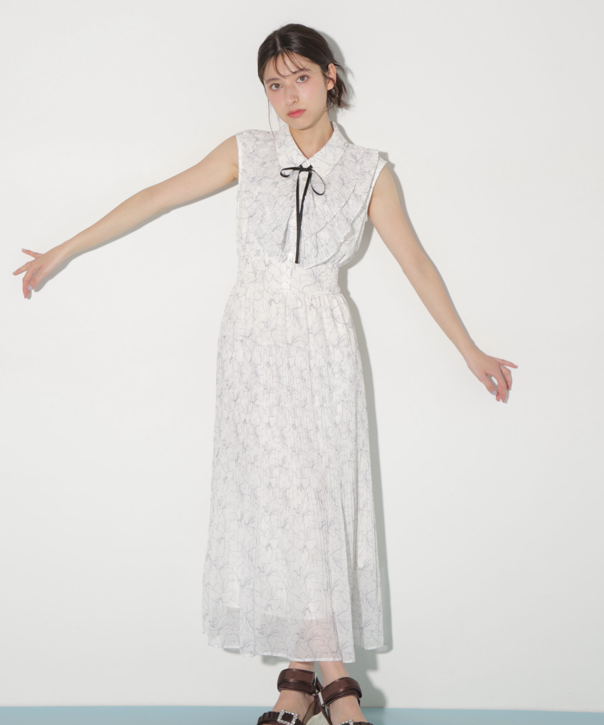  「プリーツフリルプリントワンピース」|ワンピース|