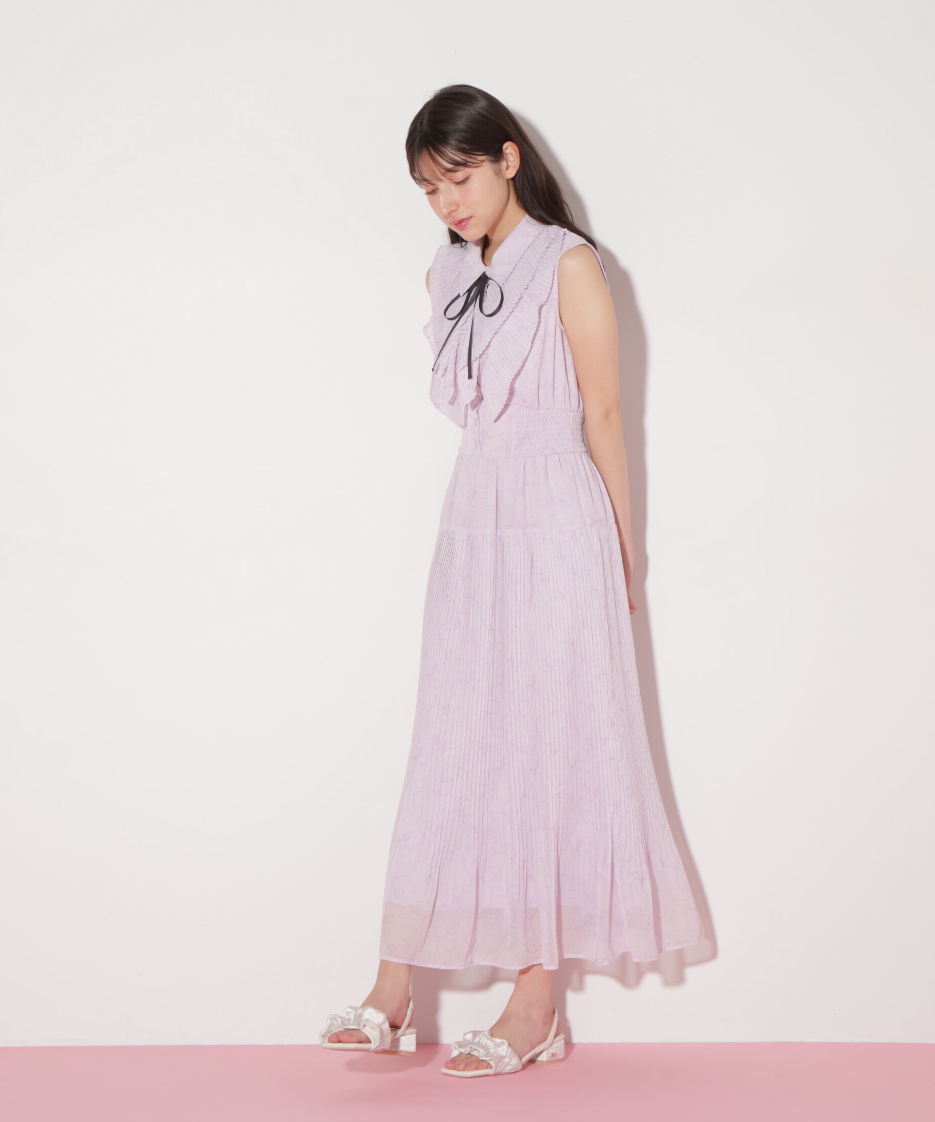  「プリーツフリルプリントワンピース」|ワンピース|