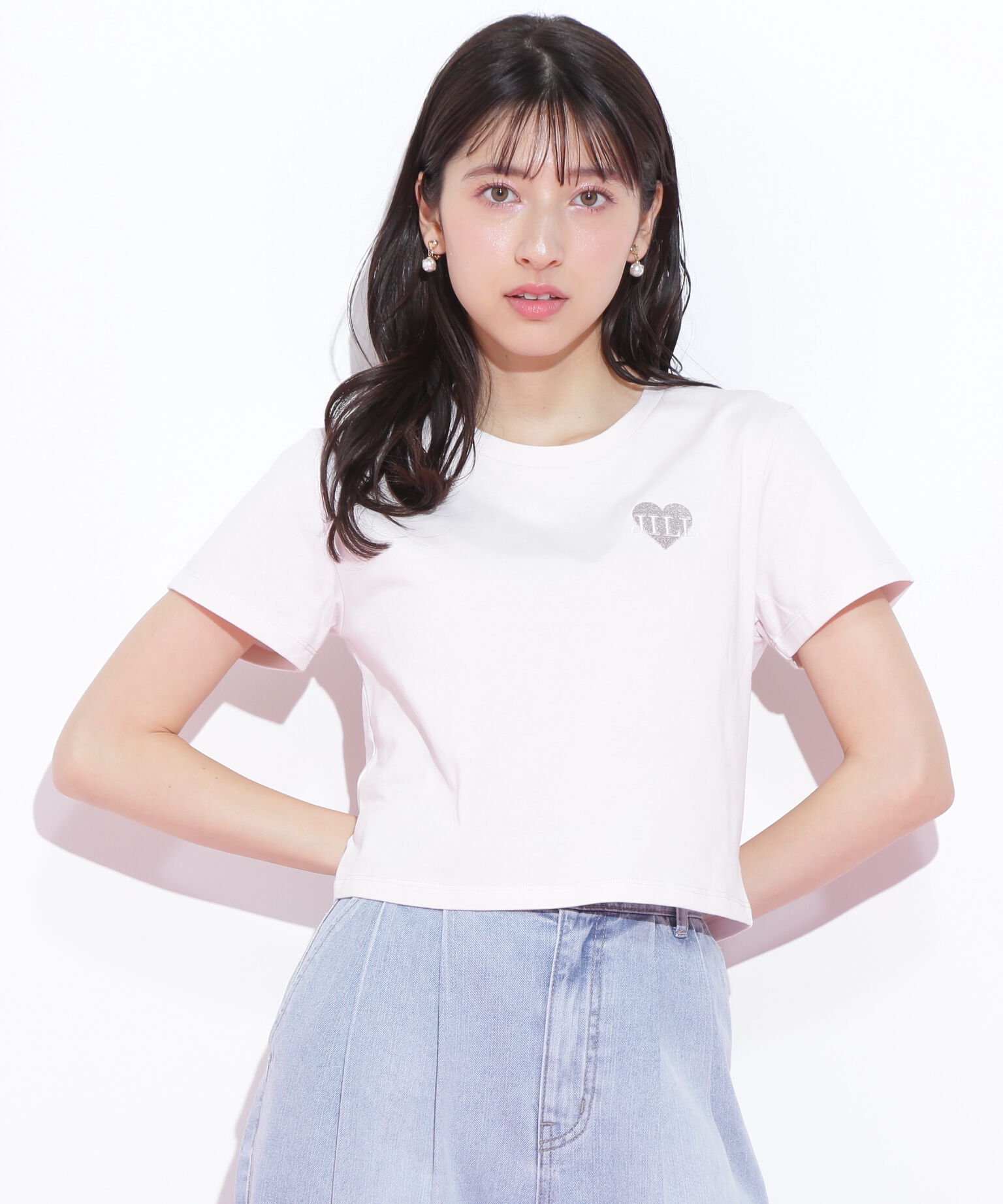  「クロップドハート刺繍Tシャツ」|Tシャツ・カットソー|ピンク