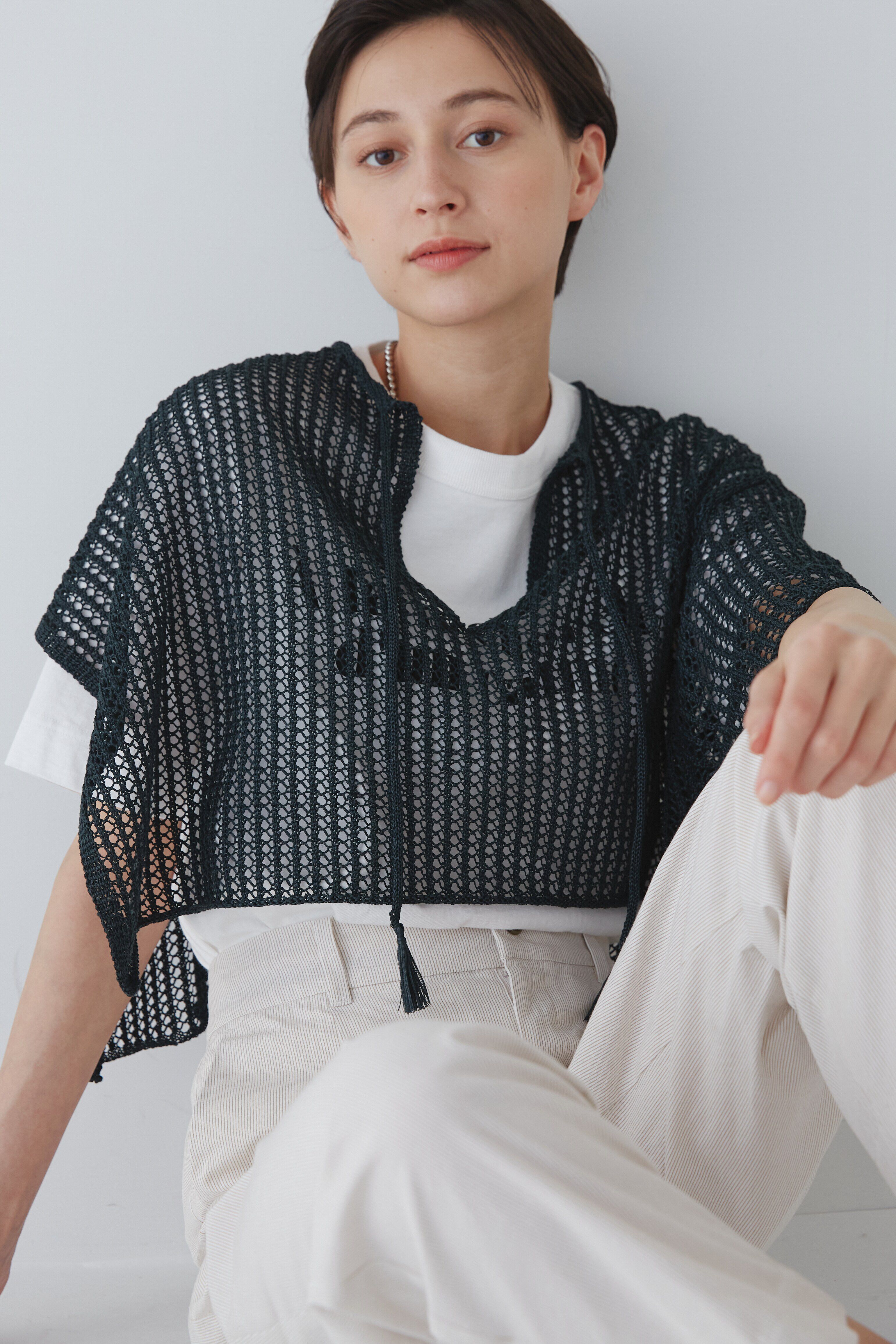  「◆アシンメトリースリーブポンチョ」|ニット・セーター|グリーン