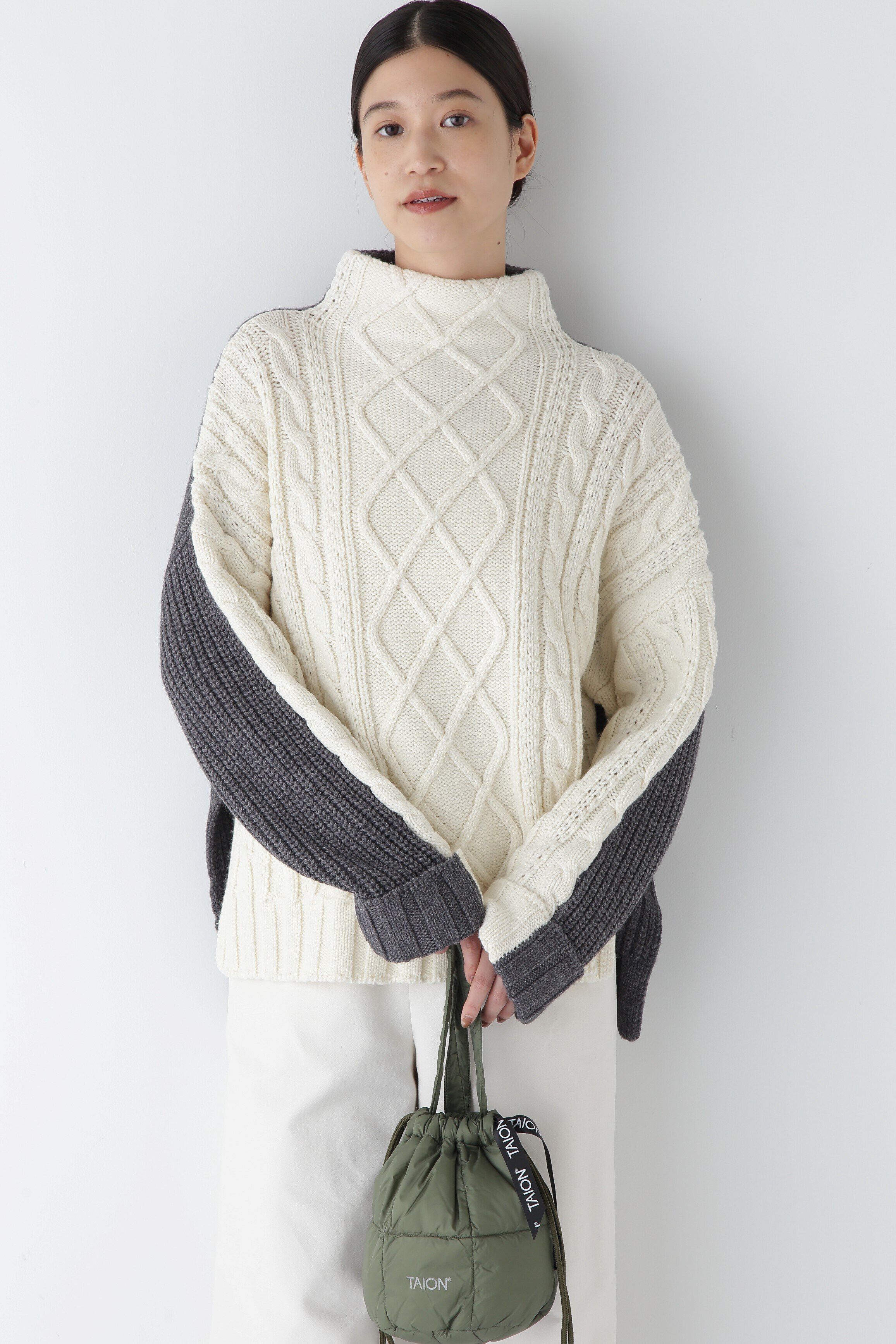  「◆バイカラーケーブルニット」|ニット・セーター|ホワイト&times;グレ