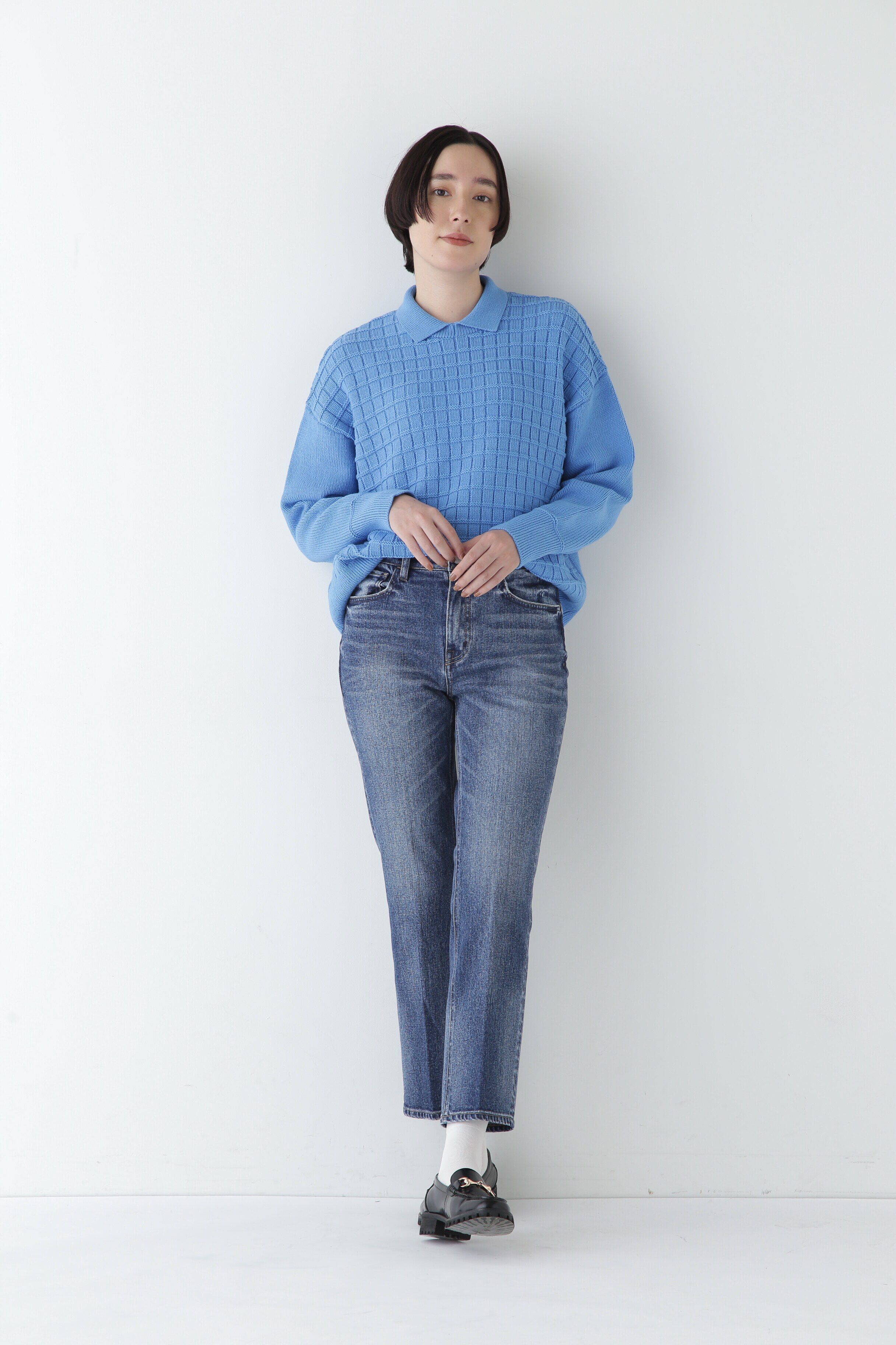  「◆【ウォッシャブル】バルキーコットン混リンクス柄ポロプルオーバー」|ニット・セーター|