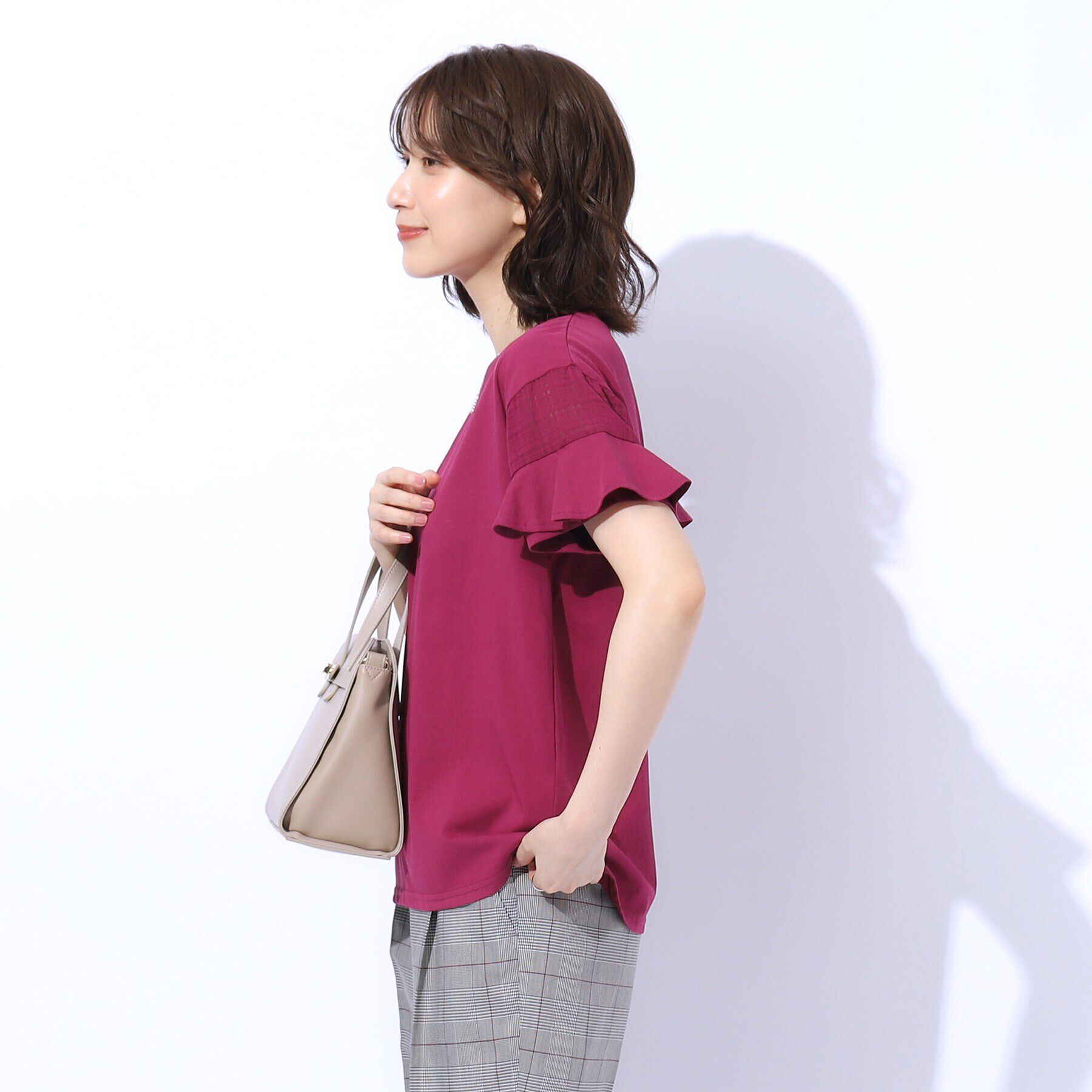 SHOO･LA･RUE「ほんのり甘い シアーチェック お袖フリルトップス」|Tシャツ・カットソー|