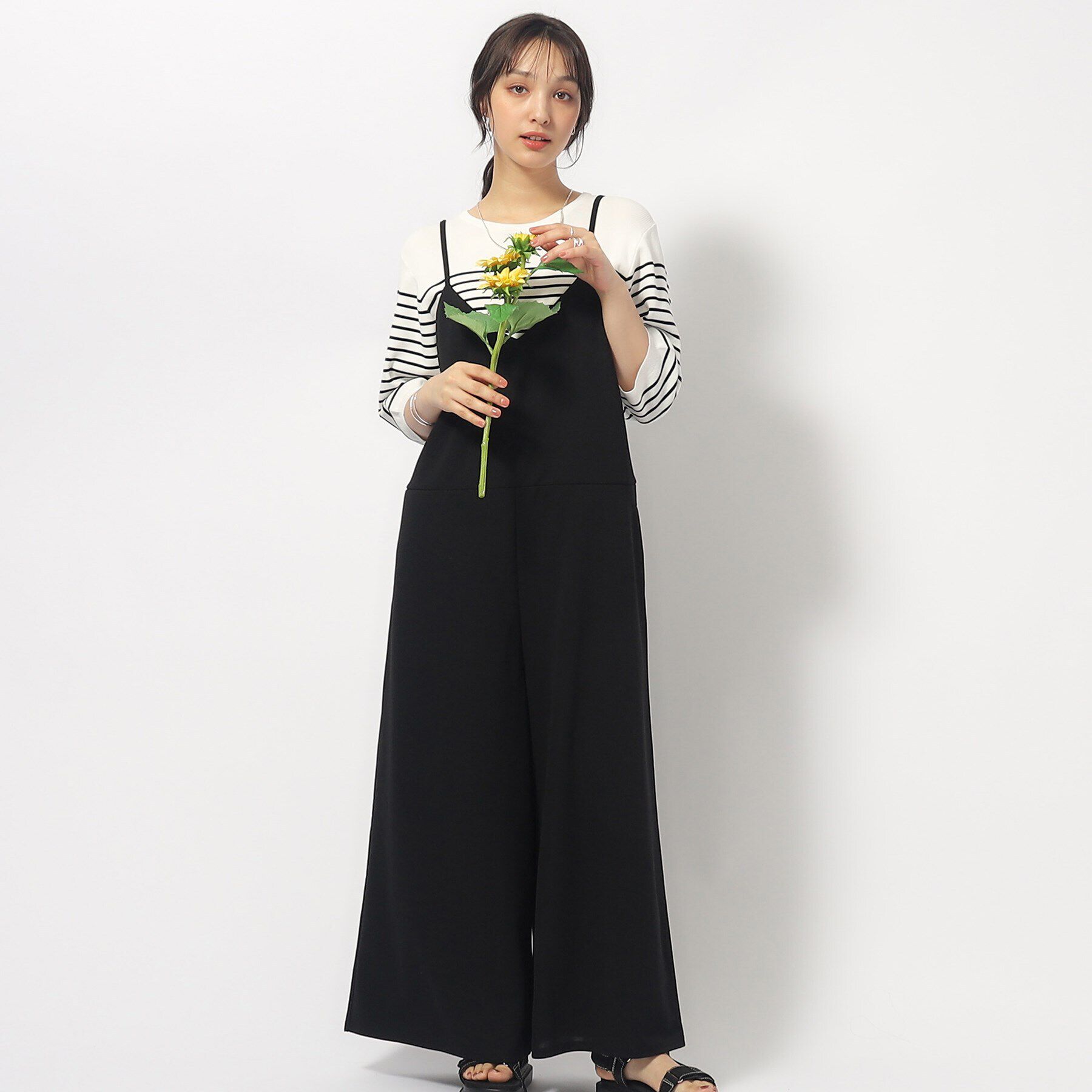 SHOO･LA･RUE「ぱっと着るだけで決まる 裏がさらさらカットジョーゼットサロペット」|オールインワン|ブラック(019)