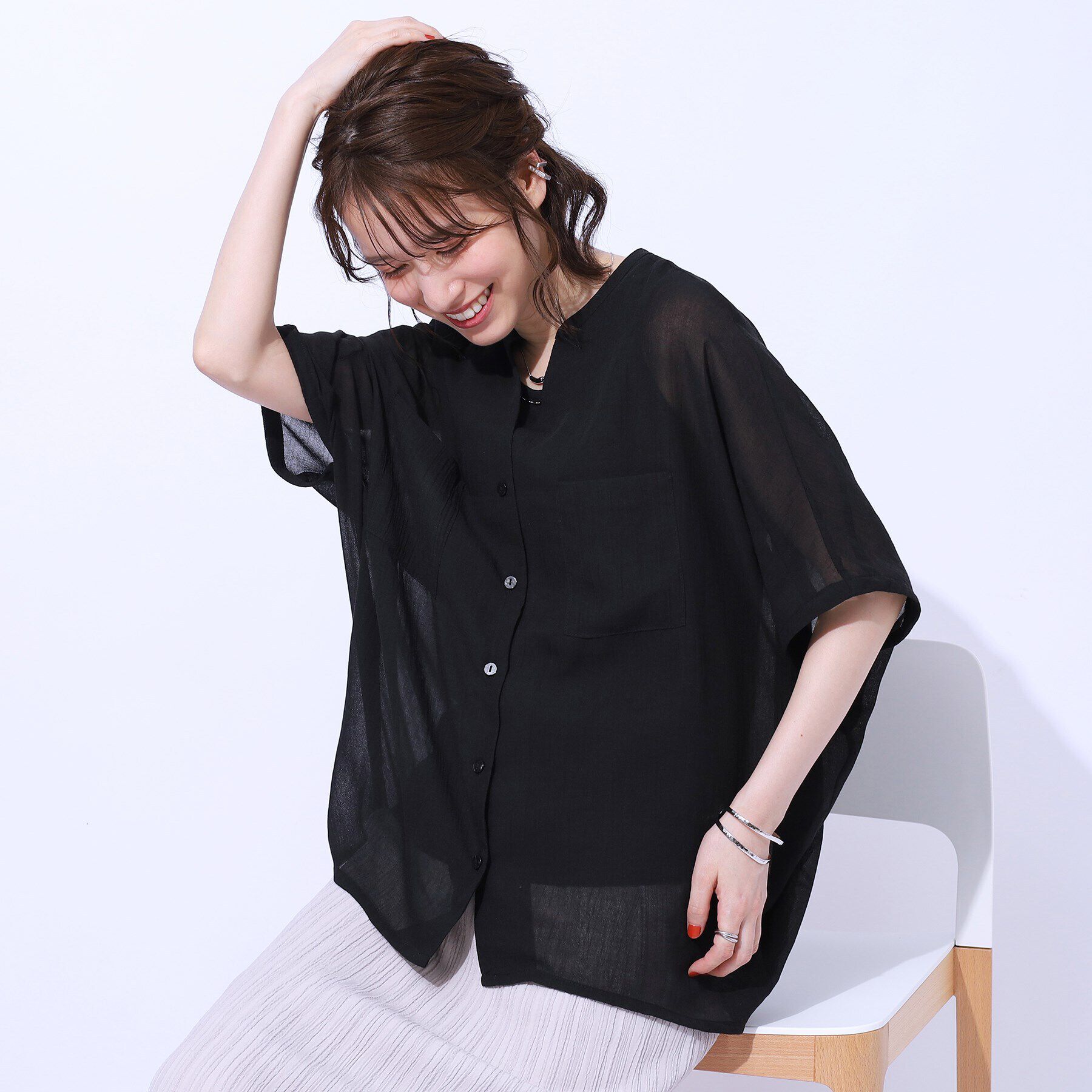 SHOO･LA･RUE「大人の透け感 ワッシャードルマンシャツ」|シャツ・ブラウス|ブラック(019)