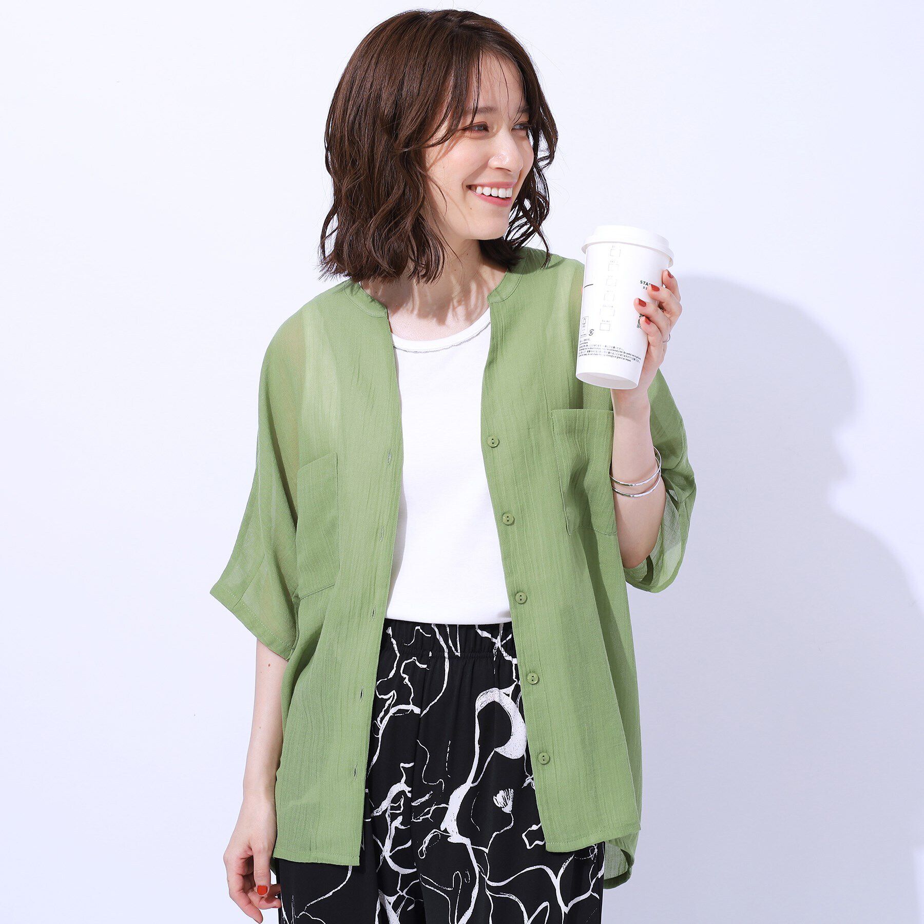 SHOO･LA･RUE「大人の透け感 ワッシャードルマンシャツ」|シャツ・ブラウス|グリーン(025)