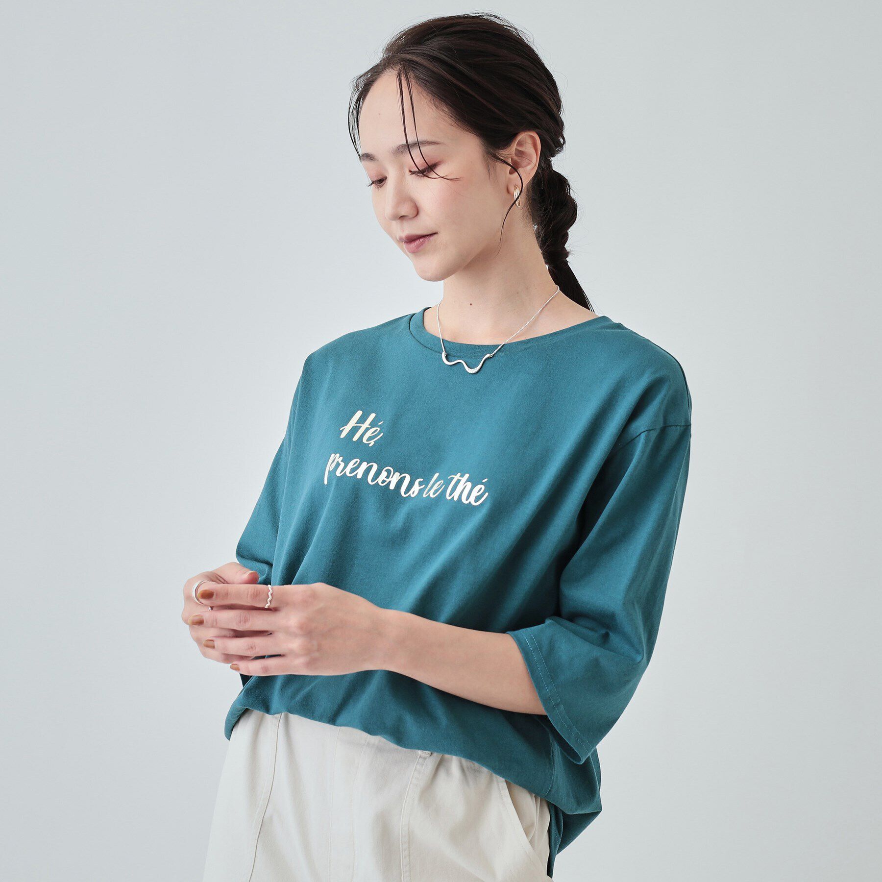 SHOO･LA･RUE「【UV】二の腕カバーにも USAコットンロゴTシャツ」|Tシャツ・カットソー|ブルー(092)