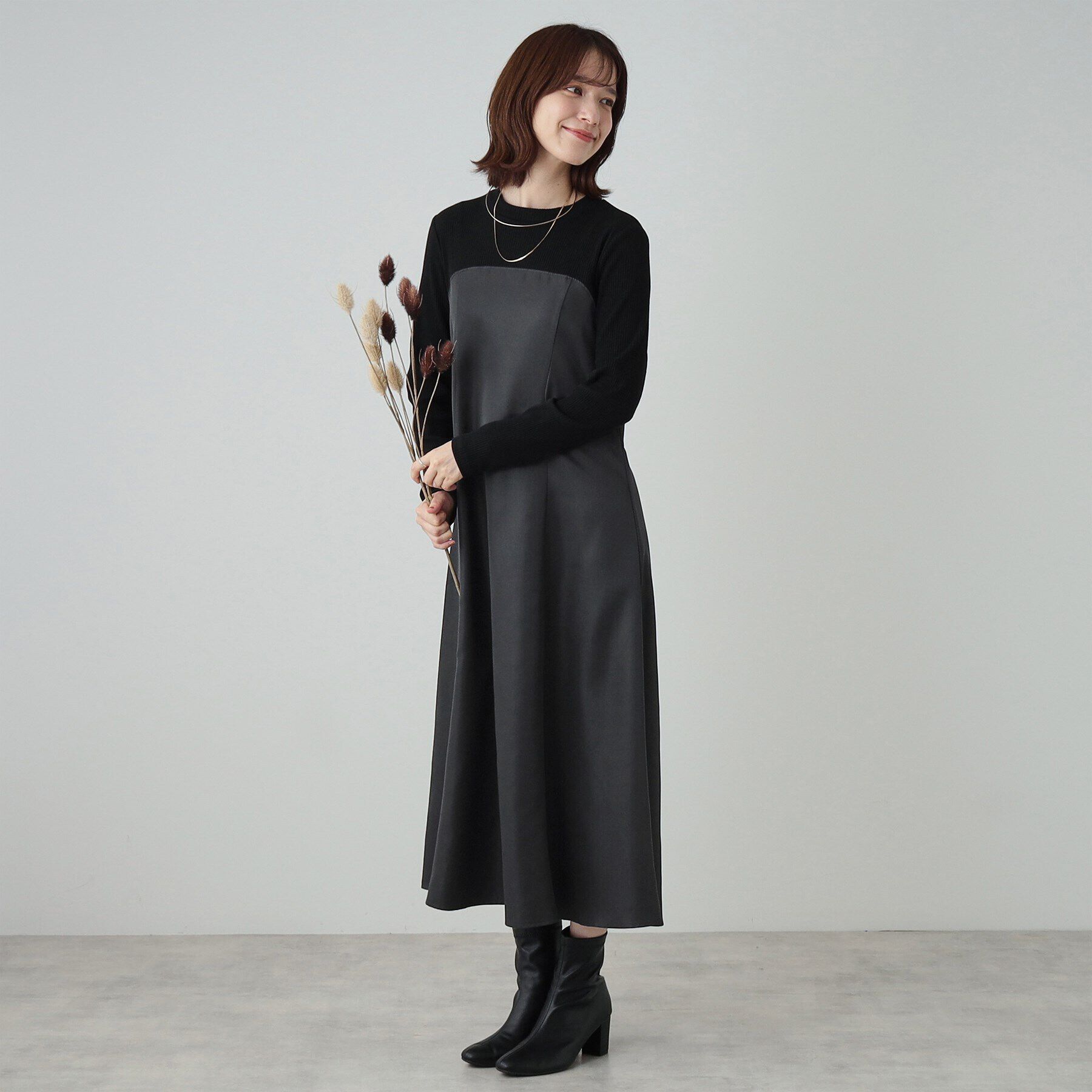 SHOO･LA･RUE「【S-LL】楽して好印象 大人のための 異素材ドッキングフレアワンピース」|ワンピース|チャコールグレー(5