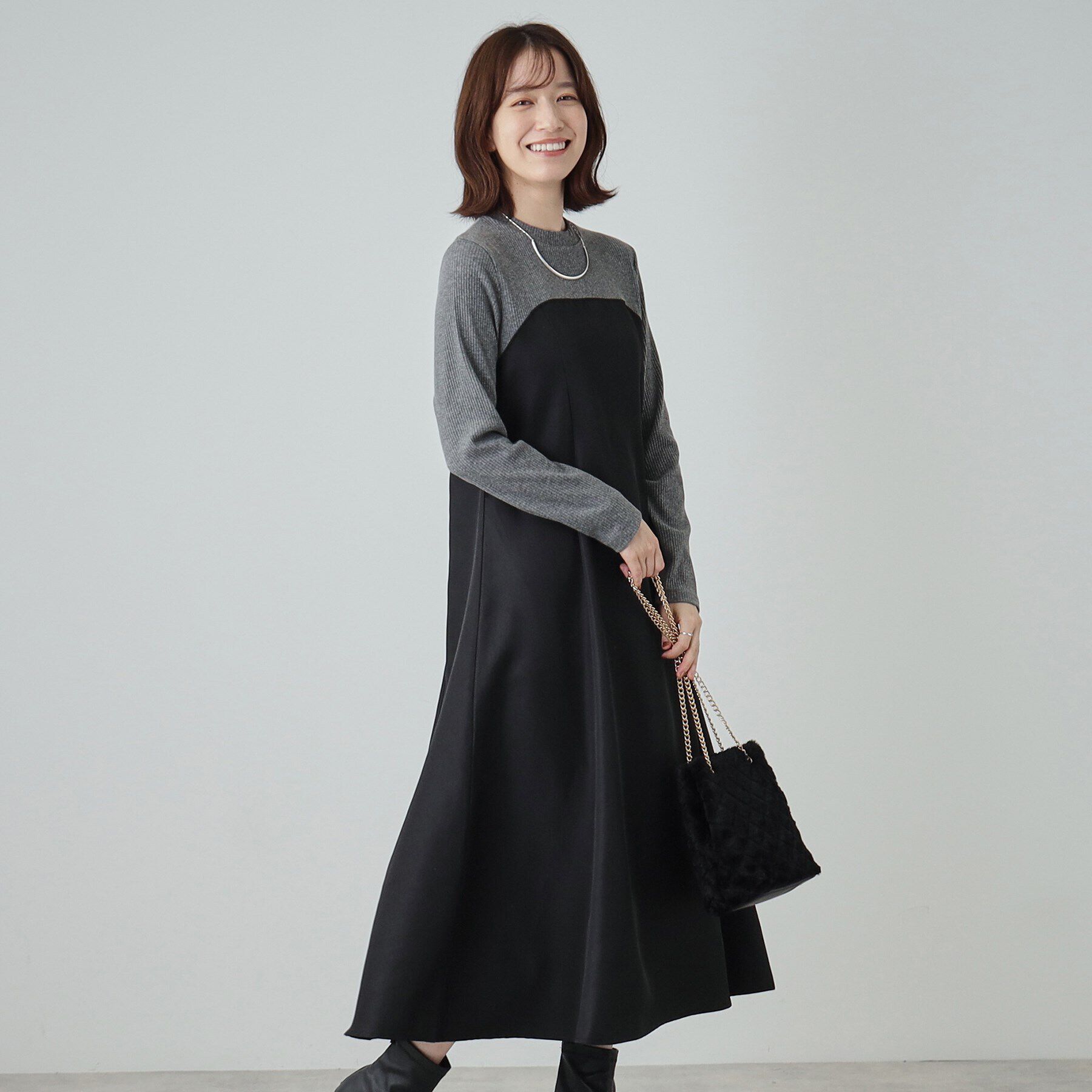 SHOO･LA･RUE「【S-LL】楽して好印象 大人のための 異素材ドッキングフレアワンピース」|ワンピース|