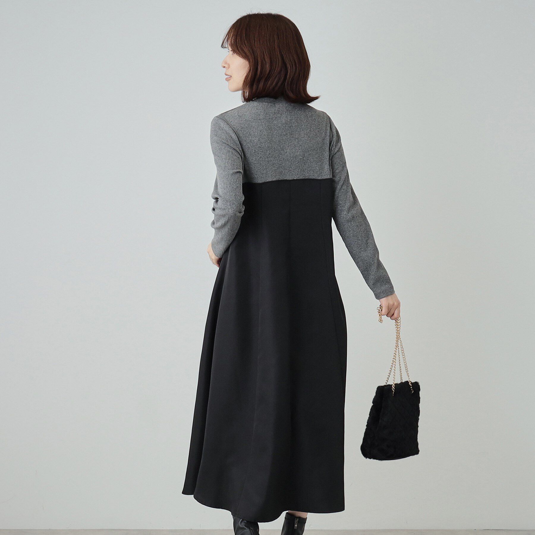 SHOO･LA･RUE「【S-LL】楽して好印象 大人のための 異素材ドッキングフレアワンピース」|ワンピース|