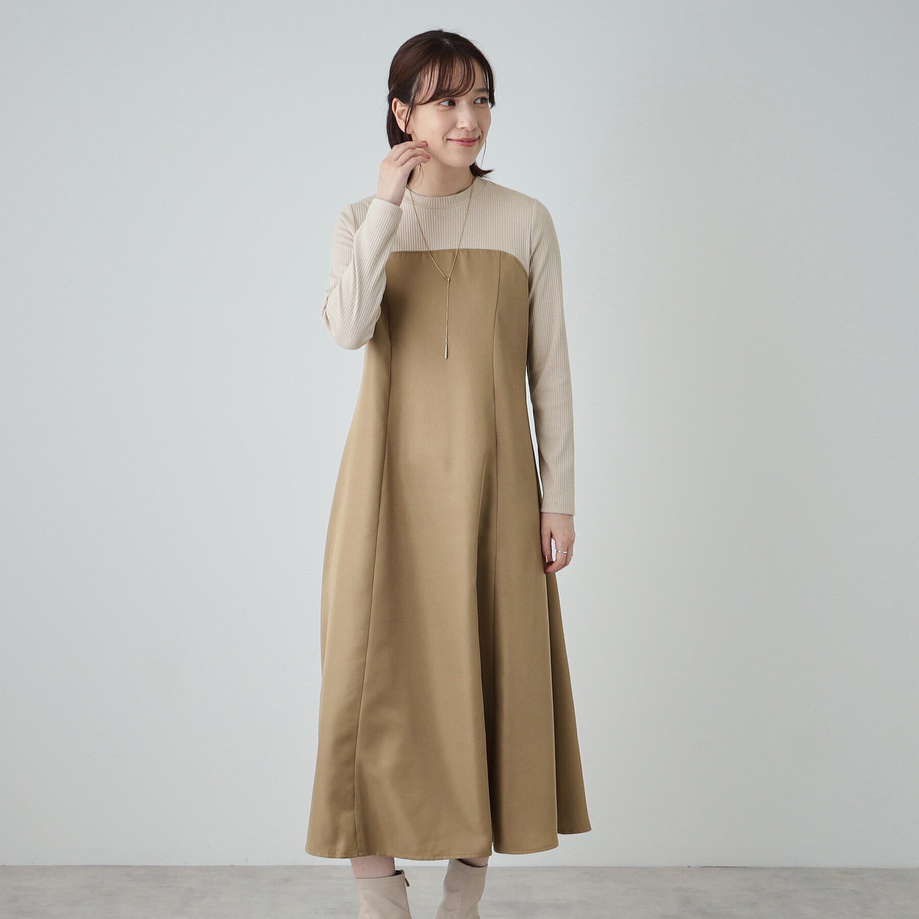 SHOO･LA･RUE「【S-LL】楽して好印象 大人のための 異素材ドッキングフレアワンピース」|ワンピース|