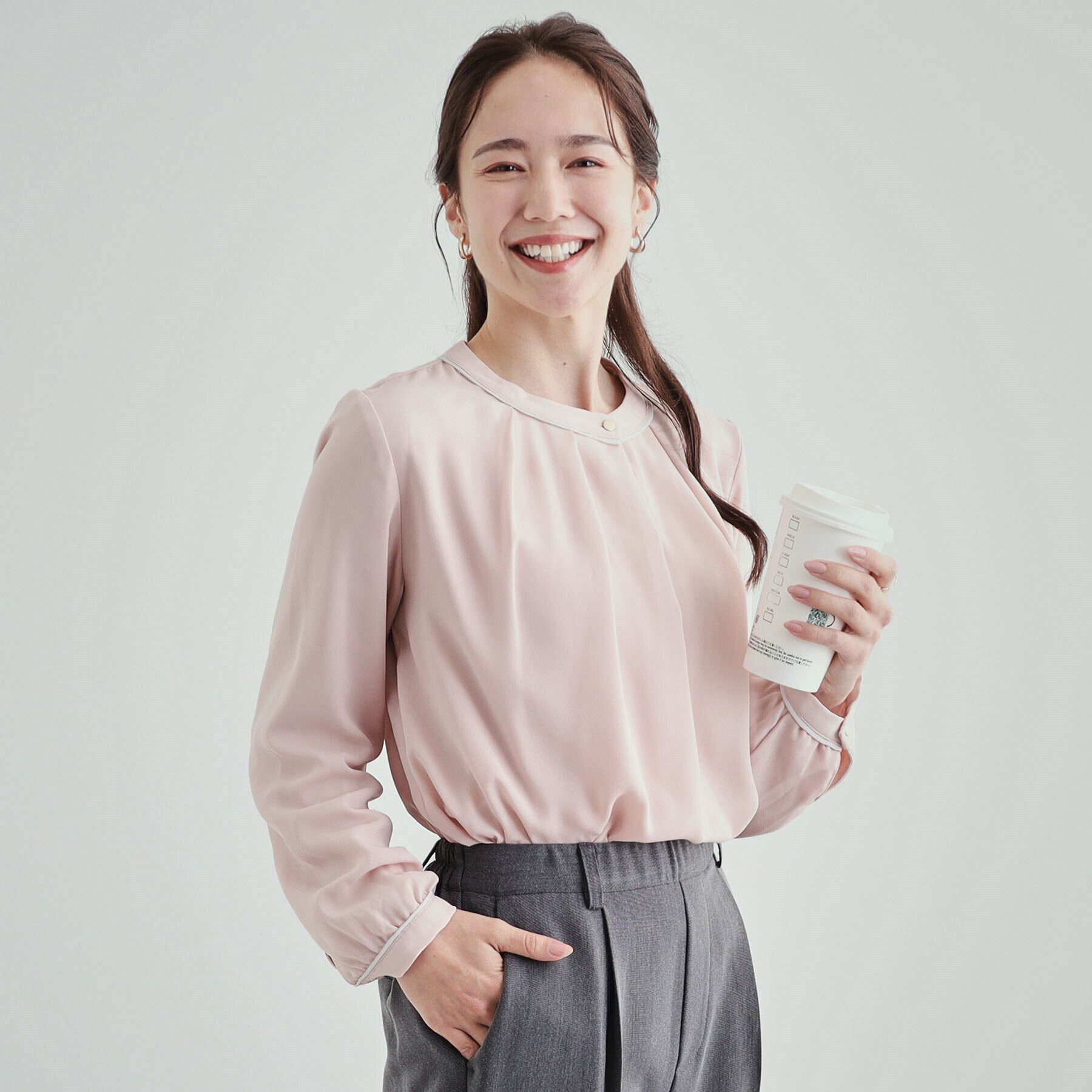 SHOO･LA･RUE「あったか裏地 配色バンドカラーブラウス【SHOO WARM】」|シャツ・ブラウス|ライトピンク(070